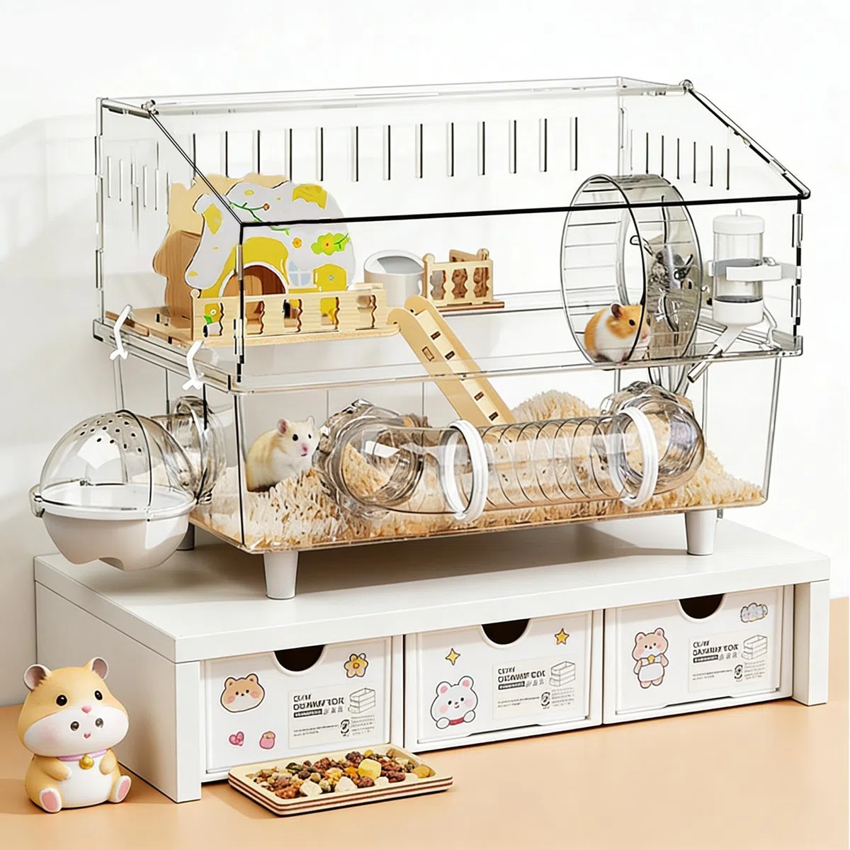 Hamsterlebensraum: transparentes Gehege von 1 kg, zweischichtige Villa für kleine Haustiere aus Guinea, Tierbeobachtungshütte | Großer Spielplatz mit Maus für den Innen- und Außenbereich
