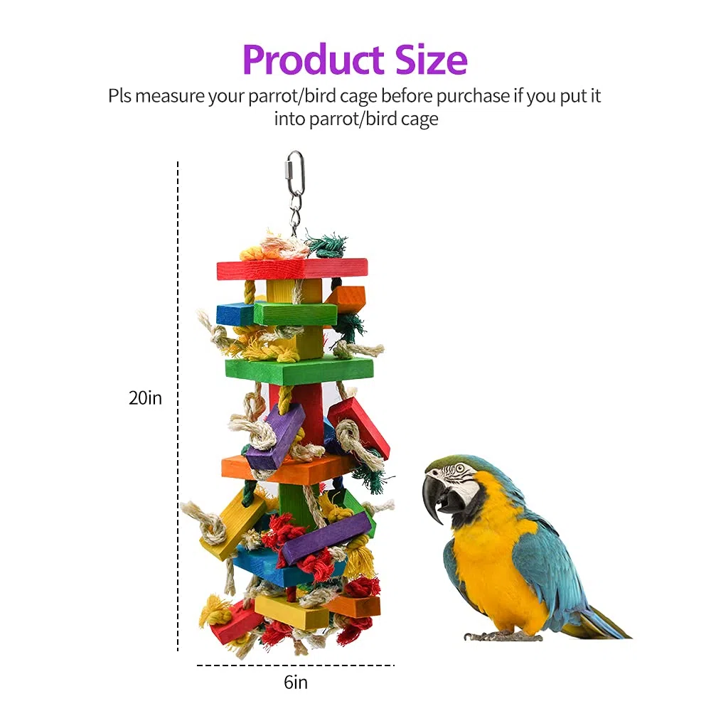 Ruby.Q Großes Papageienspielzeug, 50,8 cm, Mehrfarbig, natürliches Holz, Kauspielzeug für große Aras, Graupapageien und eine Vielzahl von Amazon-Papageien, 3 Stück