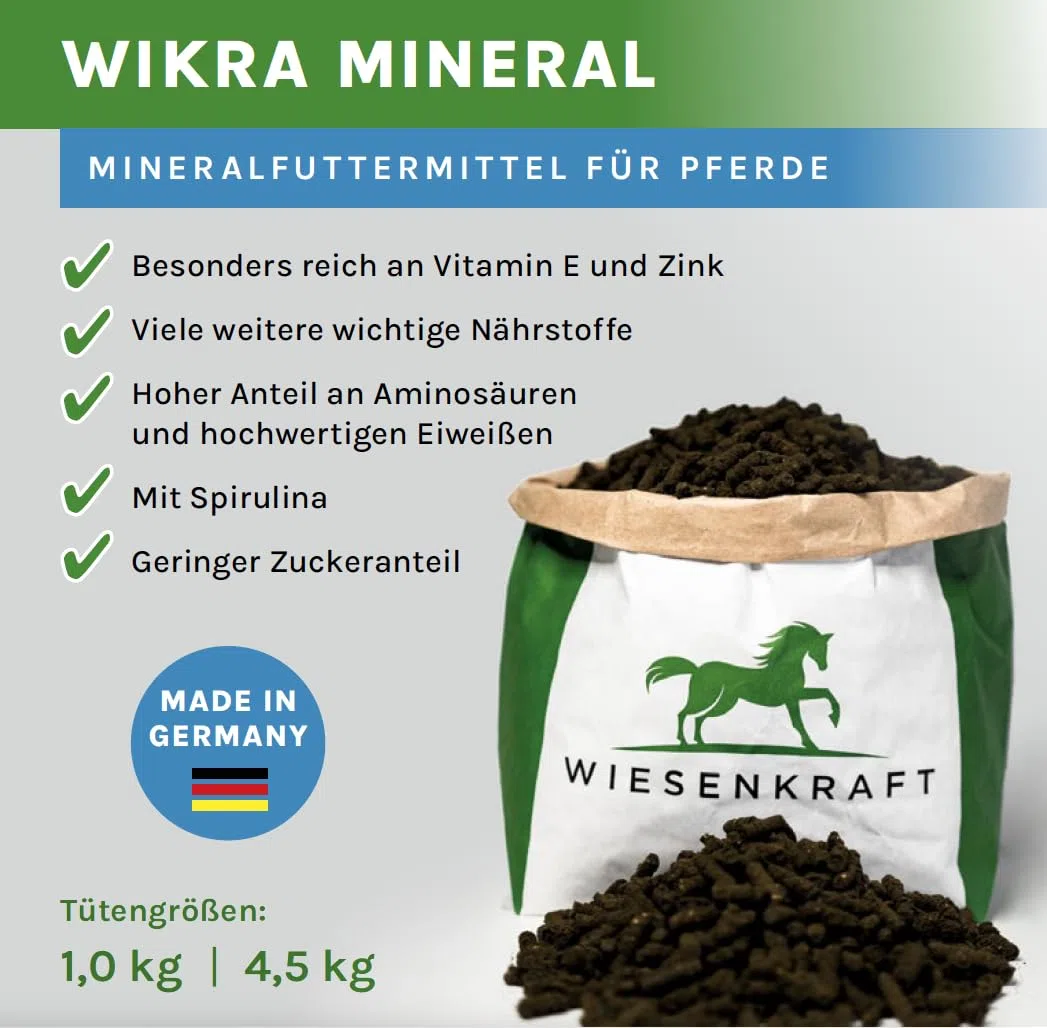 Wikra Mineral – 4,5kg – natürliches Zusatzfutter für Pferde, mit Tierärzten entwickelt, reich an Vitamin E, Zink & Aminosäuren, getreidefrei, ohne Chemie & Melasse, für alle Pferderassen