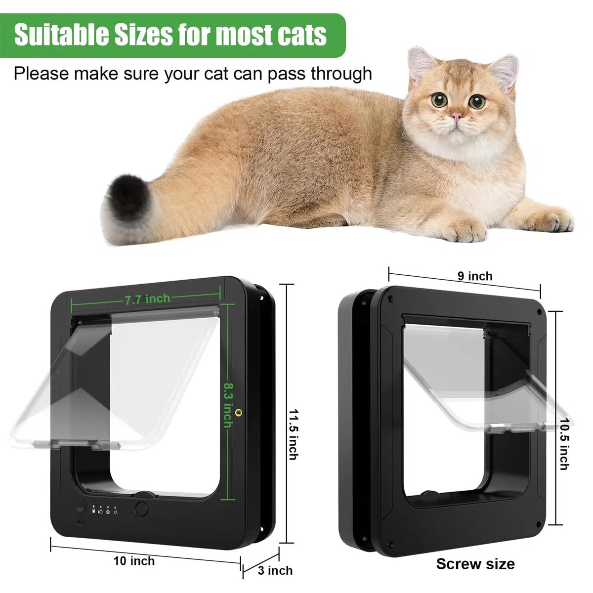 Smart Cat Flap, Mikrochip Katzentür mit 2 Sensorhalsbändern und Fernbedienung, ideal für Katzen und Welpen, Öffnungsgröße 19,6 x 21,1 cm, einfach zu installieren