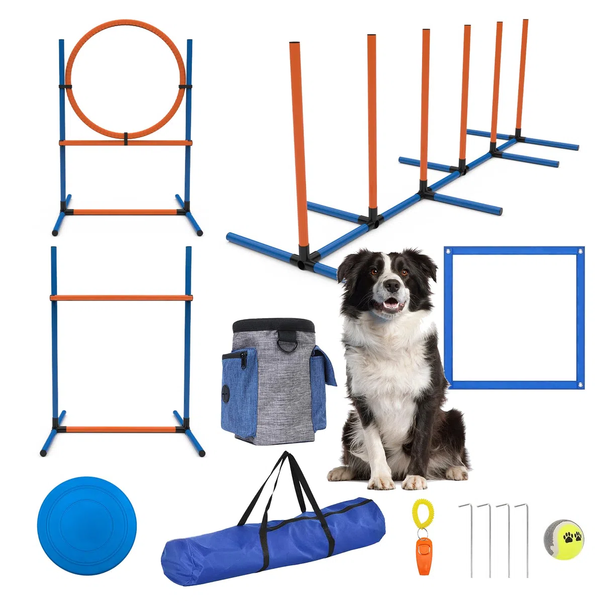 4 Sets Haustiere Agility Trainingsgeräte Hindernis-Trainingskurs Kit Verstellbarer Hundereifen Hundesprung Weben und Blindstangen und Pause Box für Hund Hindernislauf Outdoor Spiel