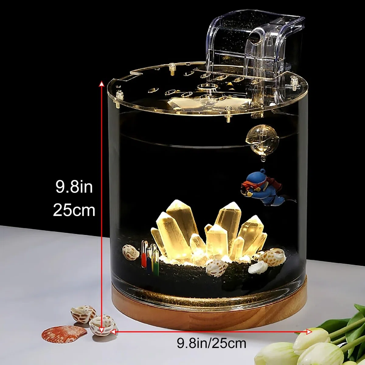 Betta-Aquarium-Starter-Set – Zylindrisches Kampffisch Aquarium mit Holzsockel, LED-Licht, Wasserpumpe – Goldfischbecken für Anfänger(25 * 25cm/9.8 * 9.8in)