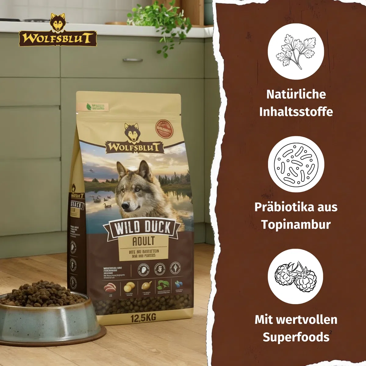 WOLFSBLUT – Wild Duck Adult | Trockenfutter mit natürlichen Zutaten und Superfoods für ausgewachsene Hunde. Getreidefreies Alleinfutter ohne Zusatzstoffe im Beutel | 12,5kg Ente