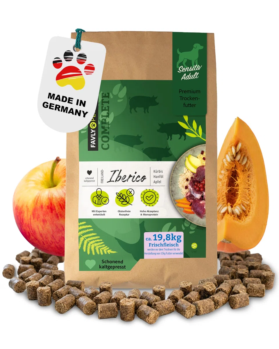 FAVLY – Freiland-Iberico Trockenfutter für Hunde 12kg – kaltgepresst & glutenfrei – mit Kürbis, Hanföl & Apfel – Monoprotein für Allergiker & Sensible Hunde – hoher Fleischanteil & ohne Zusätze