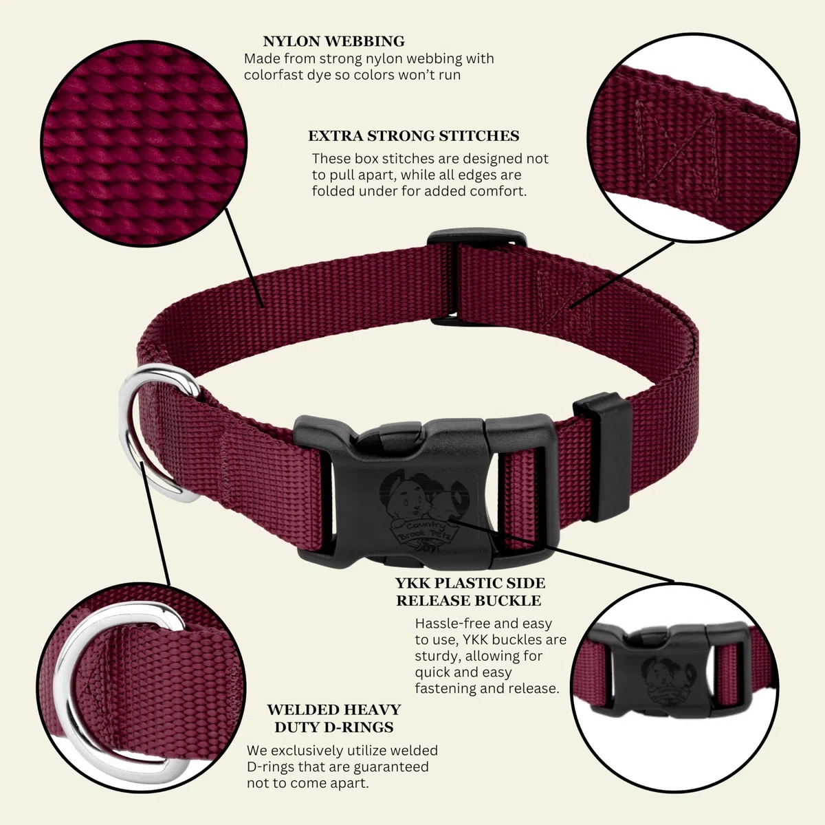 Country Brook Petz Hundehalsband, Nylon, hergestellt in den USA mit Schnalle, Größe M, 1,9 cm breit, Burgunderrot, 32 leuchtende Farben