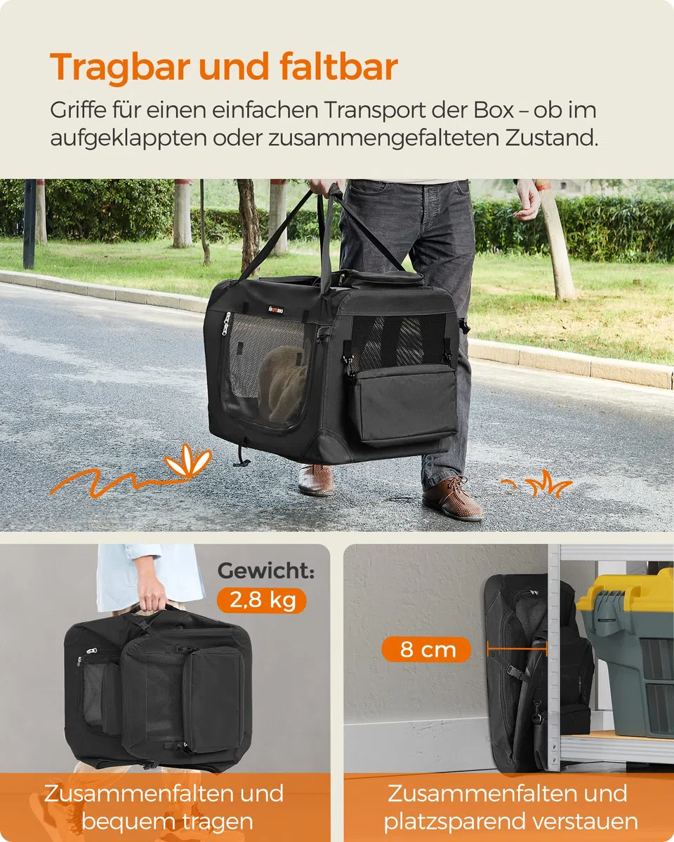 Feandrea Hundebox faltbar, Transportbox Hund, M, Hundetasche, Oxford-Gewebe, Netzstoff, atmungsaktiv tragbar transportabel, Metallrahmen, mit Griffen, Taschen, 60 x 42 x 42 cm, schwarz PDC60H