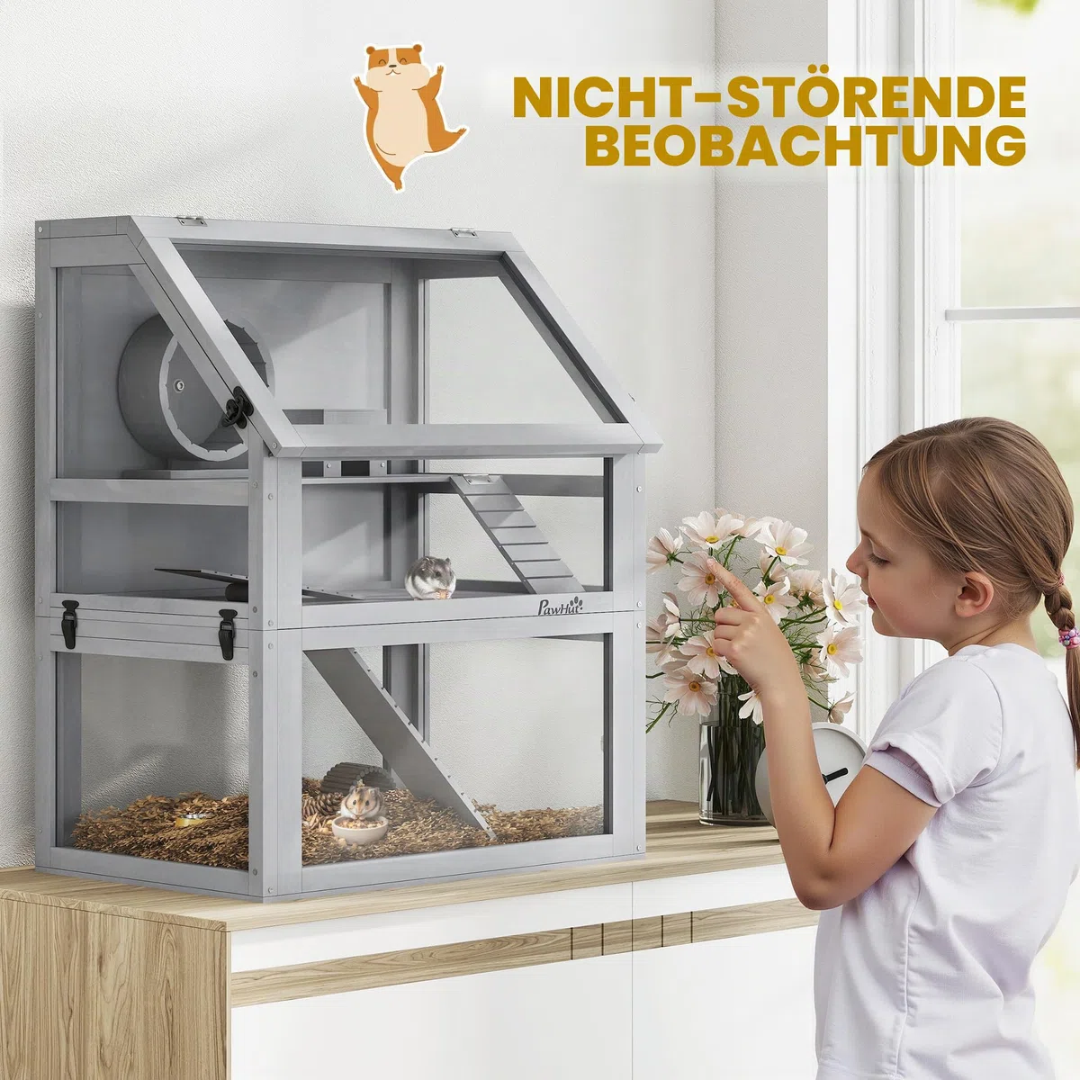 PawHut Hamsterkäfig aus Holz, 3 Etagen, Rennmauskäfig mit abnehmbarem 32 cm tiefem Boden, Hütte, Wippe, Laufrad, Rampen, Hellgrau