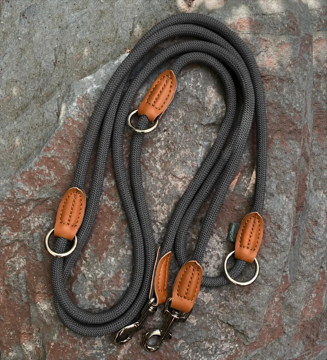 Leisegrün Nylon Hundeleine 3m Große Hunde - Verstellbar, 2 Karabiner | Führleine, Freihandleine & Umhängeleine | Paracord & Wasserfest | Farbe: Schwarz