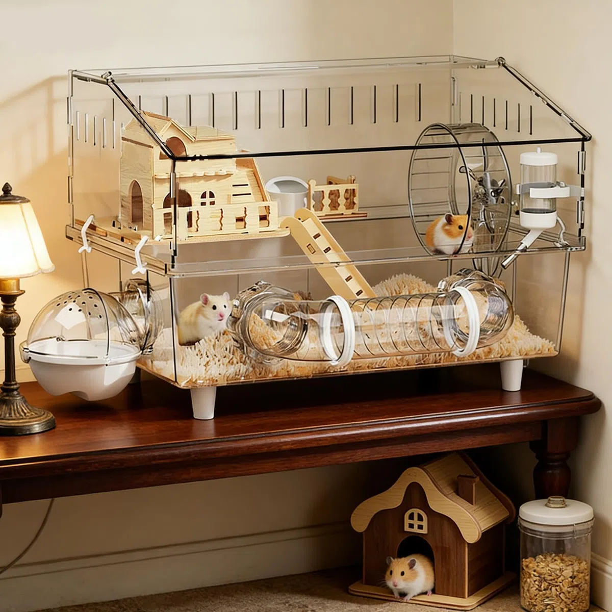 Hamsterkäfig 2-stöckiger durchsichtiger Auslauf | Geräumiger Hamsterkäfig mit Trinkflasche und Toilette für Kleintiere wie Meerschweinchen, Beobachtung zu Hause oder