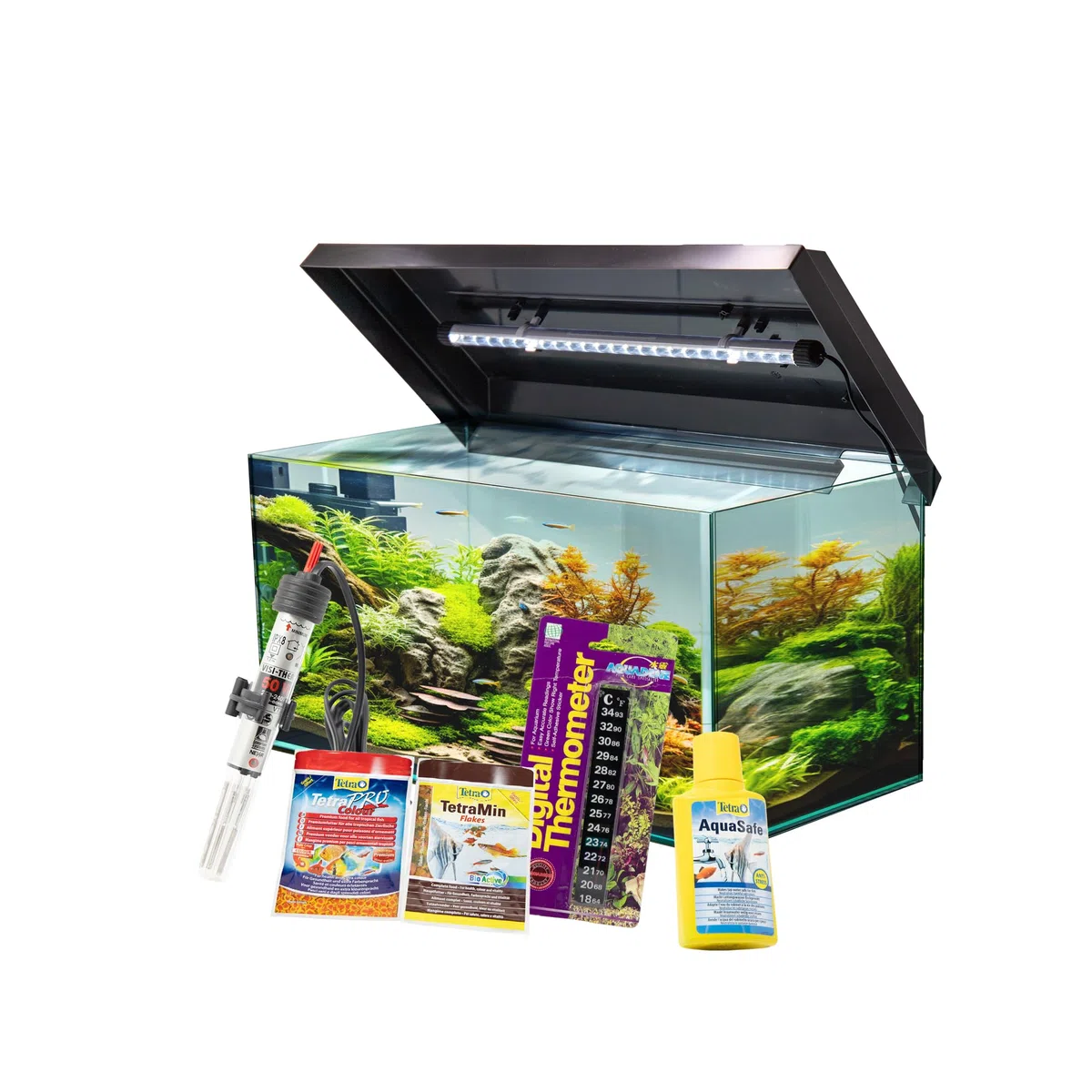 Aquarium Komplettset 60x30x30 cm | 54 Liter Glasbecken mit Juwel LED Abdeckung Schwarz | Starter-Set inkl. Heizer, Thermometer, Aufbereiter & Futter | Stoßfestes Floatglas & Diamantschliff