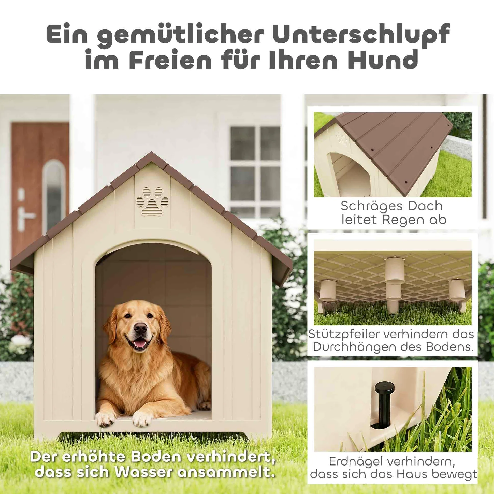 PawHut Hundehütte Wetterfestes Hundehaus für mittelgroße Große Hunde Beige | Erhöhte Hundehöhle mit Wasserfestem Dach Bodenankern Klauenförmige Lüftungsöffnung, Outdoor Hütte, Hunde Bis 30 kg