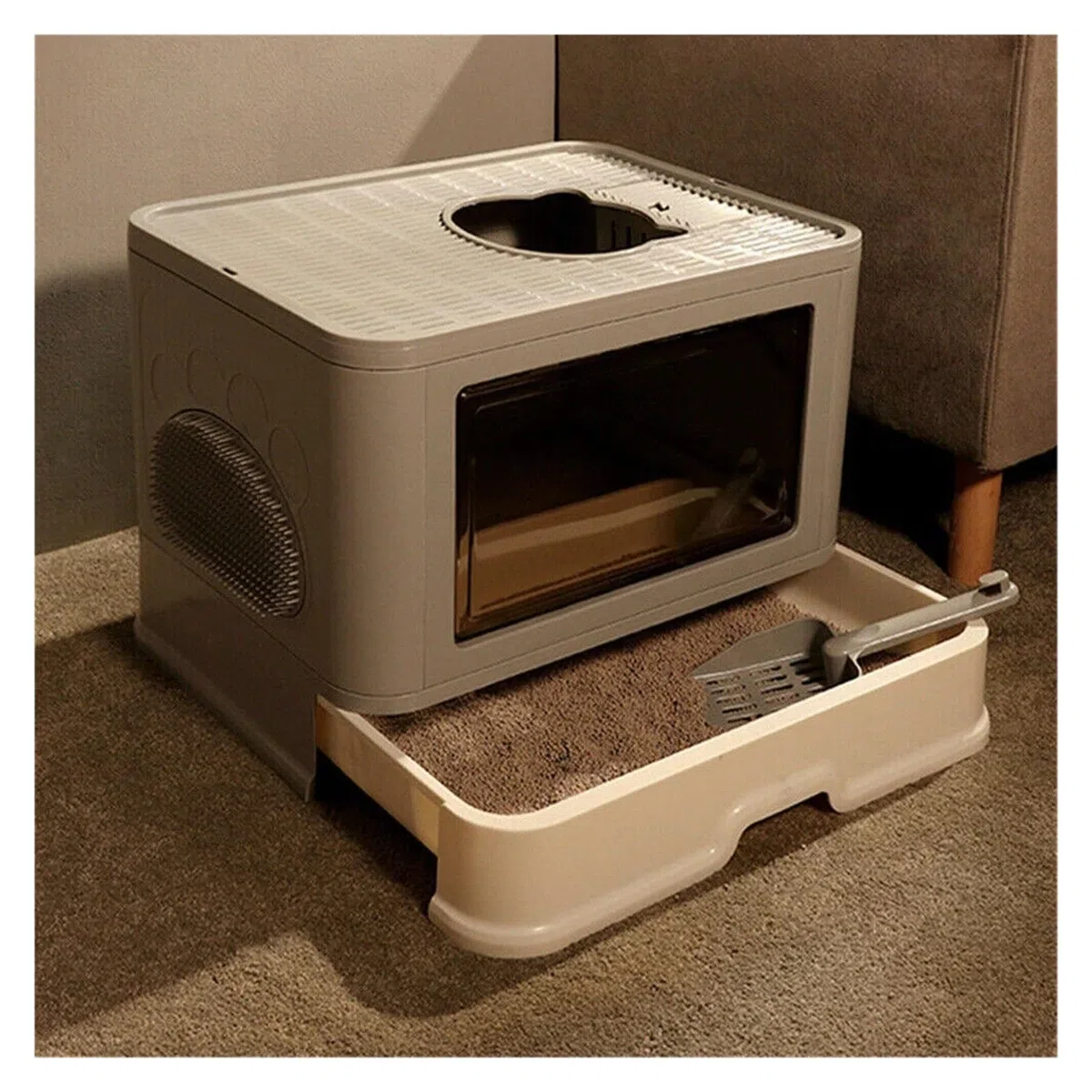 für mehrere Katzen, Geruchskontrolle Große Katzentoilette mit Haube, Schubladentyp, Haustier-/Katzentoilette, Einstieg von oben, geschlossenes Töpfchen mit Spritzschutz und Schaufel for die Fellpflege