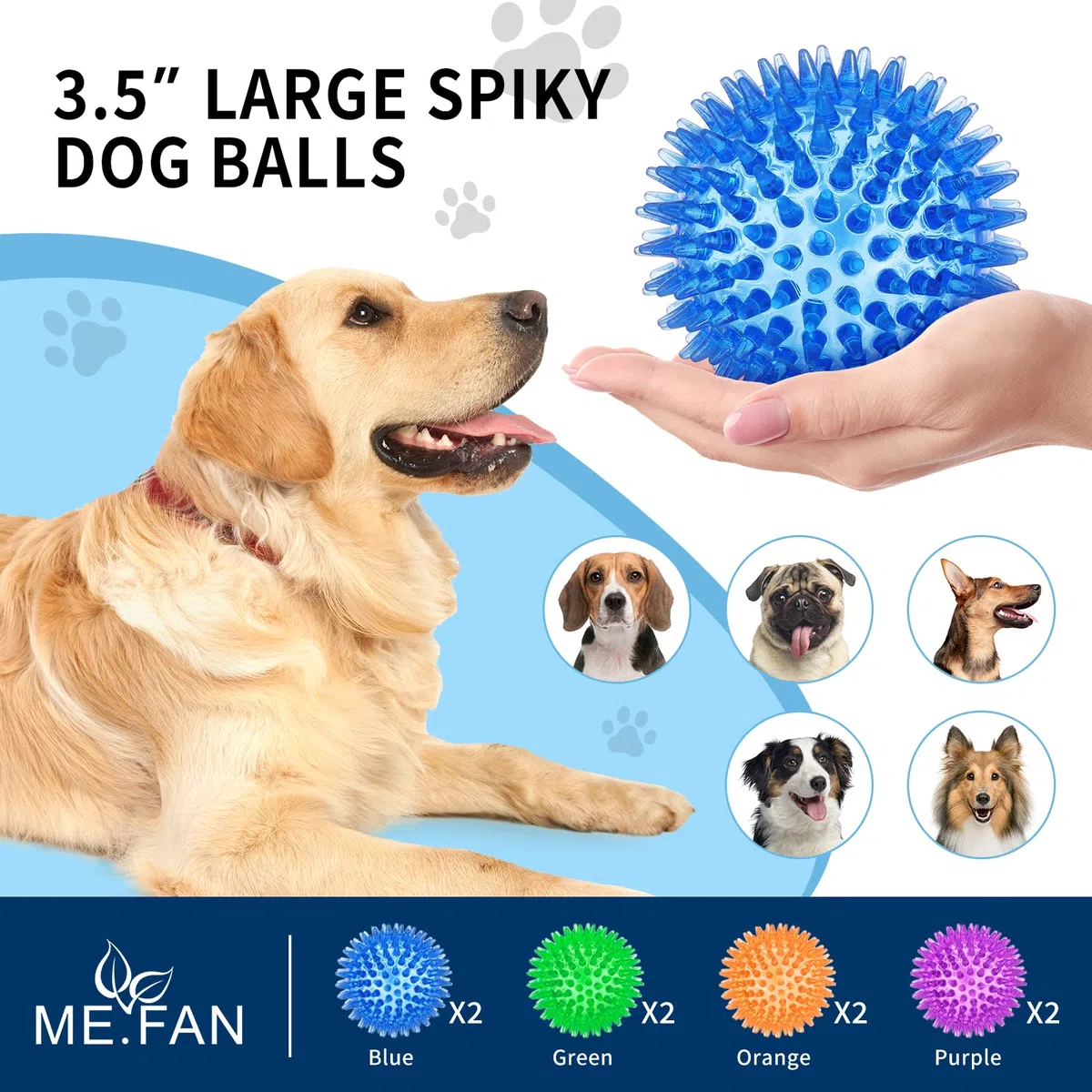 ME.FAN 8,9 cm Quietschende Hundespielzeugbälle [8 Stück] Stachelige Hundebälle/Welpen-Kauspielzeug zur Reinigung von Zähnen und Zahnfleisch-Gesundheit/Quietschball-Spielzeug für aggressive Kauer