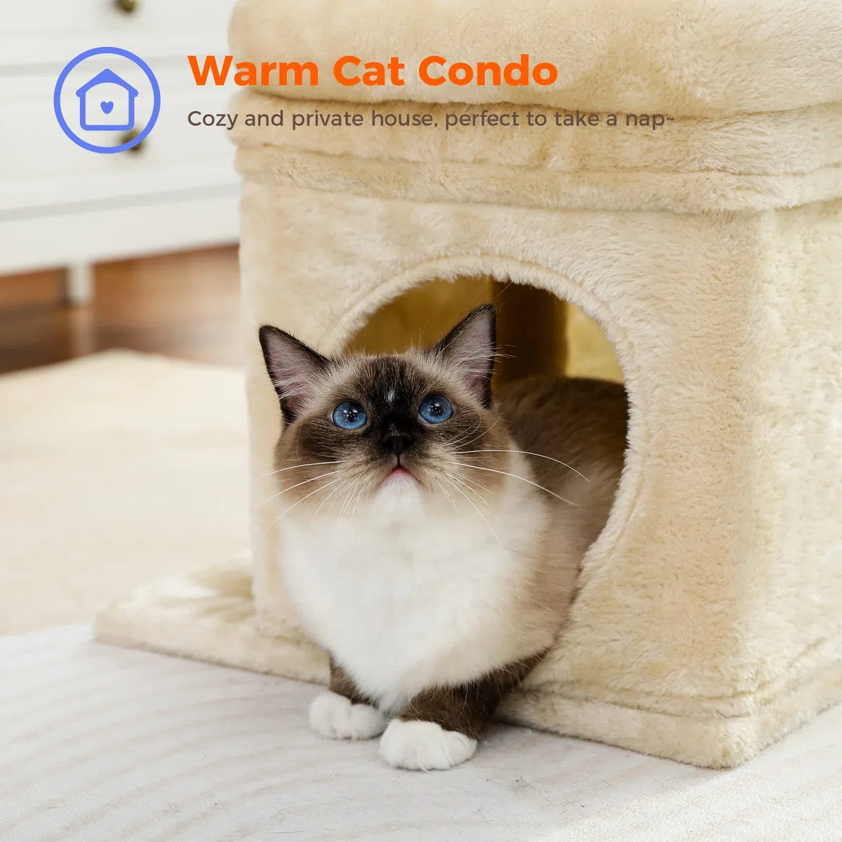 PEQULTI Indoor Kratzbaum Turm kleine Katzen, Sisalpfosten & gemütliche Höhle, Beige | Private weiche Katzenhütte Soft Top Sitzstange Natursisal Kratzstämme Plüsch Pom Pom Spielzeug für Indoor Kätzchen