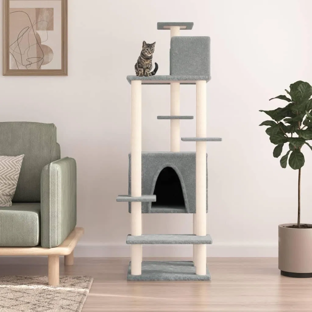 Kratzbaum mit Sisal-Kratzsäulen Hellgrau 154 cm Stabiler Kletterturm mit Hängematte, Höhle und Liegefläche für Katzen in Wohnung, mit Holz, Plüsch, Kratztonne, Deckenspanner