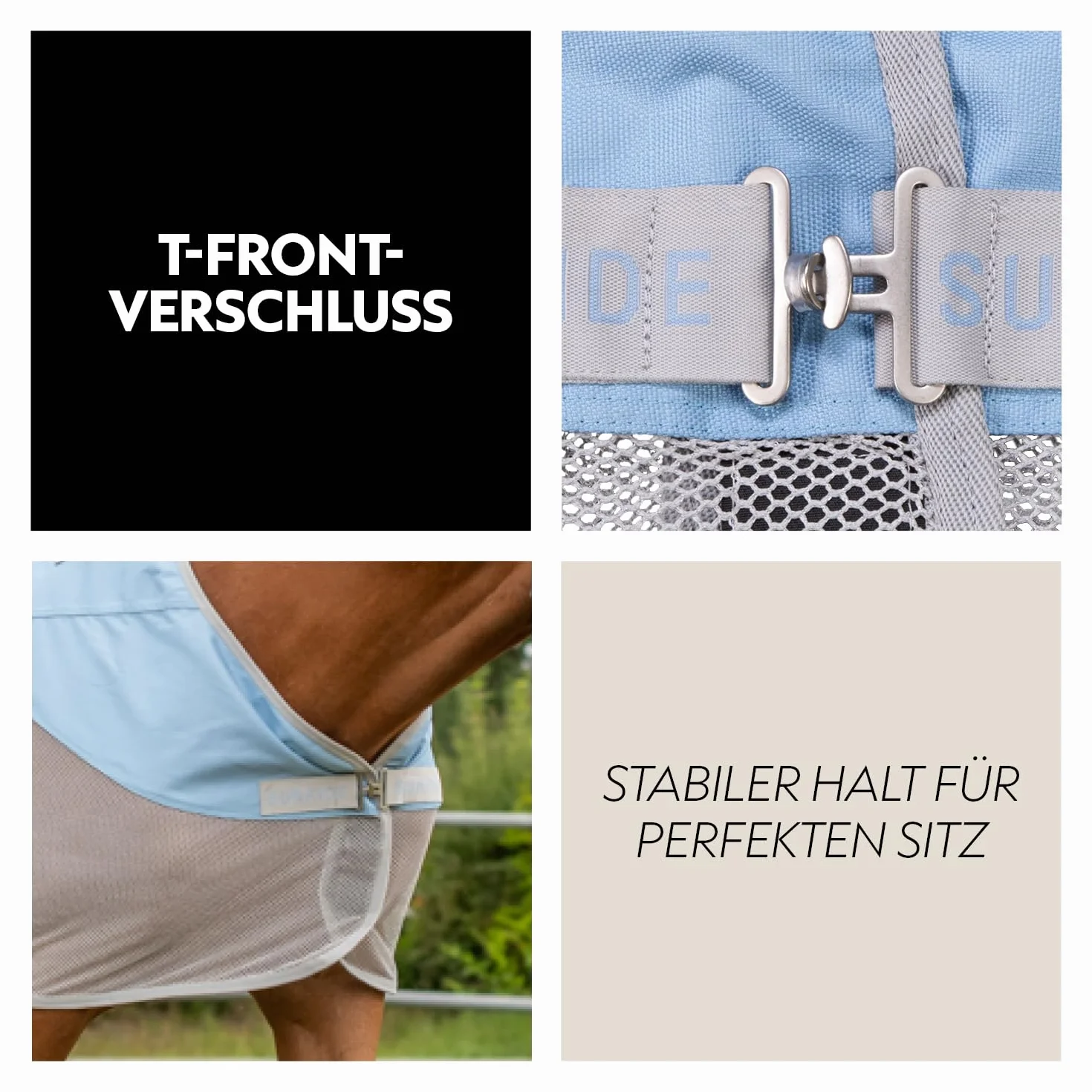 SUNRIDE Regen- Fliegendecke 0g für Pferde (Oslo) - 1200D - mit abnehmbarem Halsteil - 100% wasserdicht - 3.000mm Wassersäule (blau/grau, 145cm)