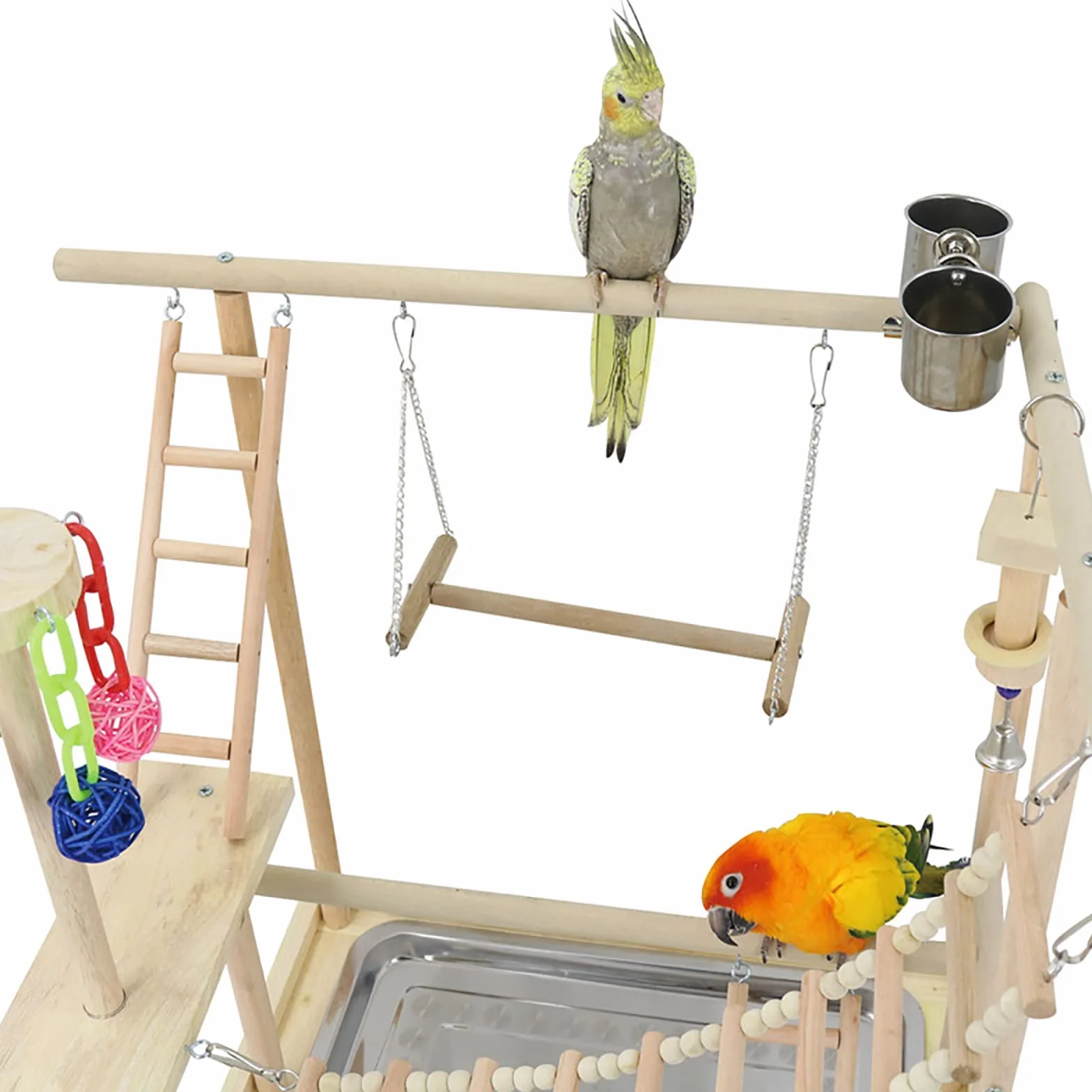 Vogel-Spielständer aus Holz mit Leitern, Schaukel, Kauspielzeug & Futternäpfe für Papageien, Nymphensittiche, Sittiche, Sittiche, Sittiche, Sittiche, Fitness-Studio für kleine bis mittelgroße Vögel