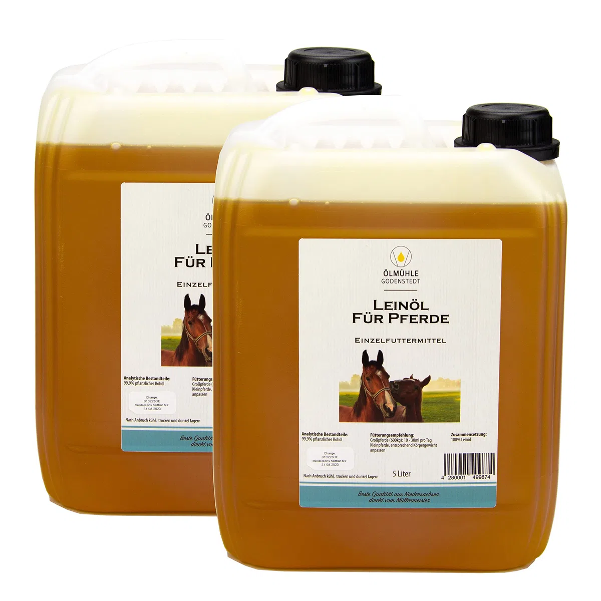 Leinöl für Pferde | stets frisch 10 Liter (2x5l) | 1. Kaltpressung | naturbelassen | mit Öko-Strom in Niedersachsen hergestellt