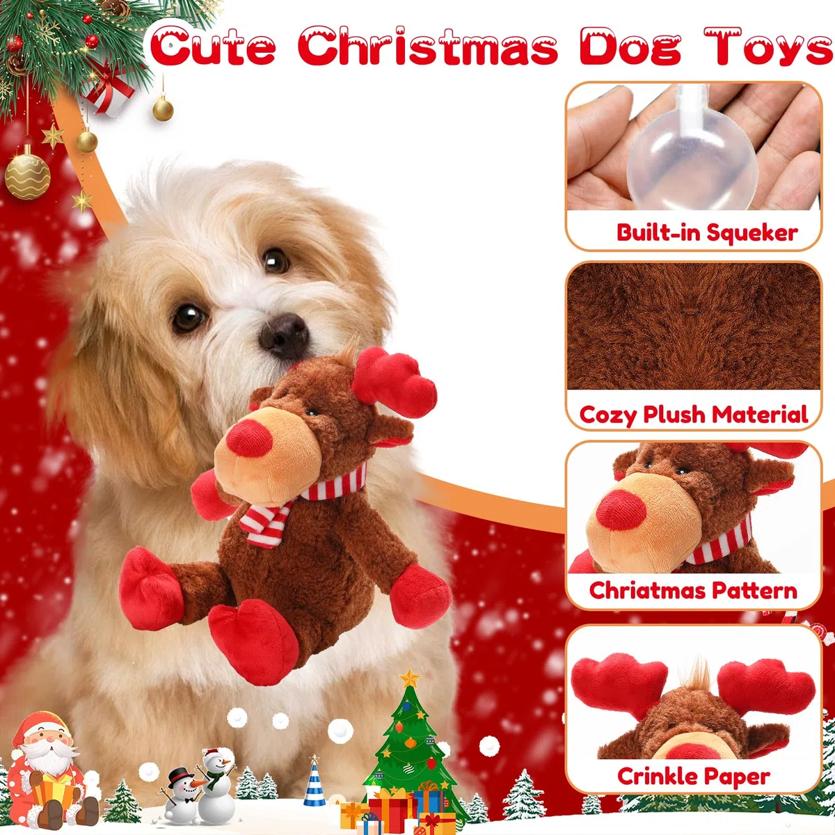 Weihnachts-Hundespielzeug, quietschendes Spielzeug mit Knisterpapier, Plüsch-Rentier, Hundespielzeug, interaktives gefülltes Kauspielzeug, Hundegeschenke für Welpen, kleine, mittelgroße Hunde