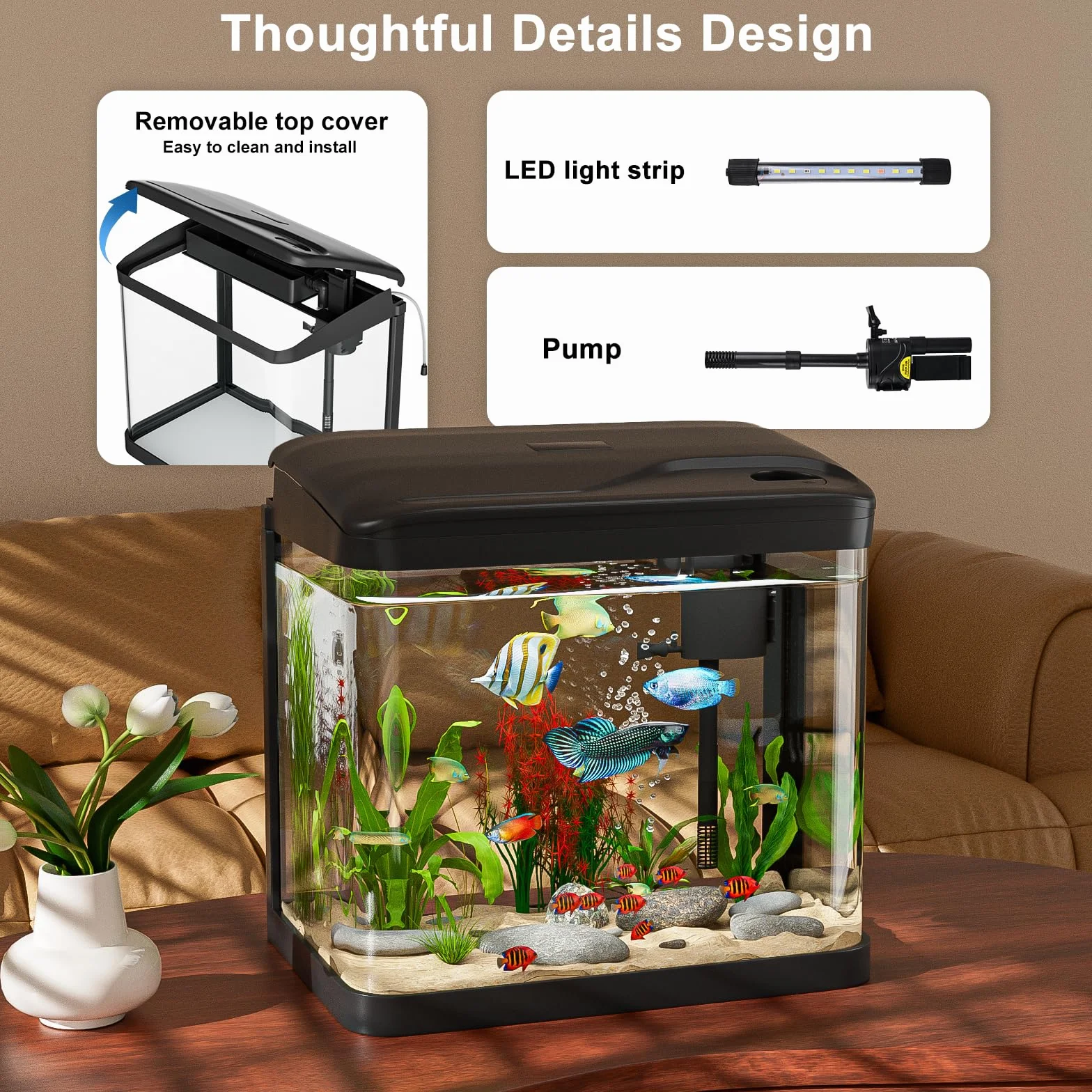 Aquarium Komplettset, Ambesty 15L Nano Aquarium Stabiles Einsteigerbecken mit LED-Beleuchtung und Eingebautem Filtersystem,4-in-1 Smart Aquariums für Fisch, Aquariu Becken stoßfest,Schwarz