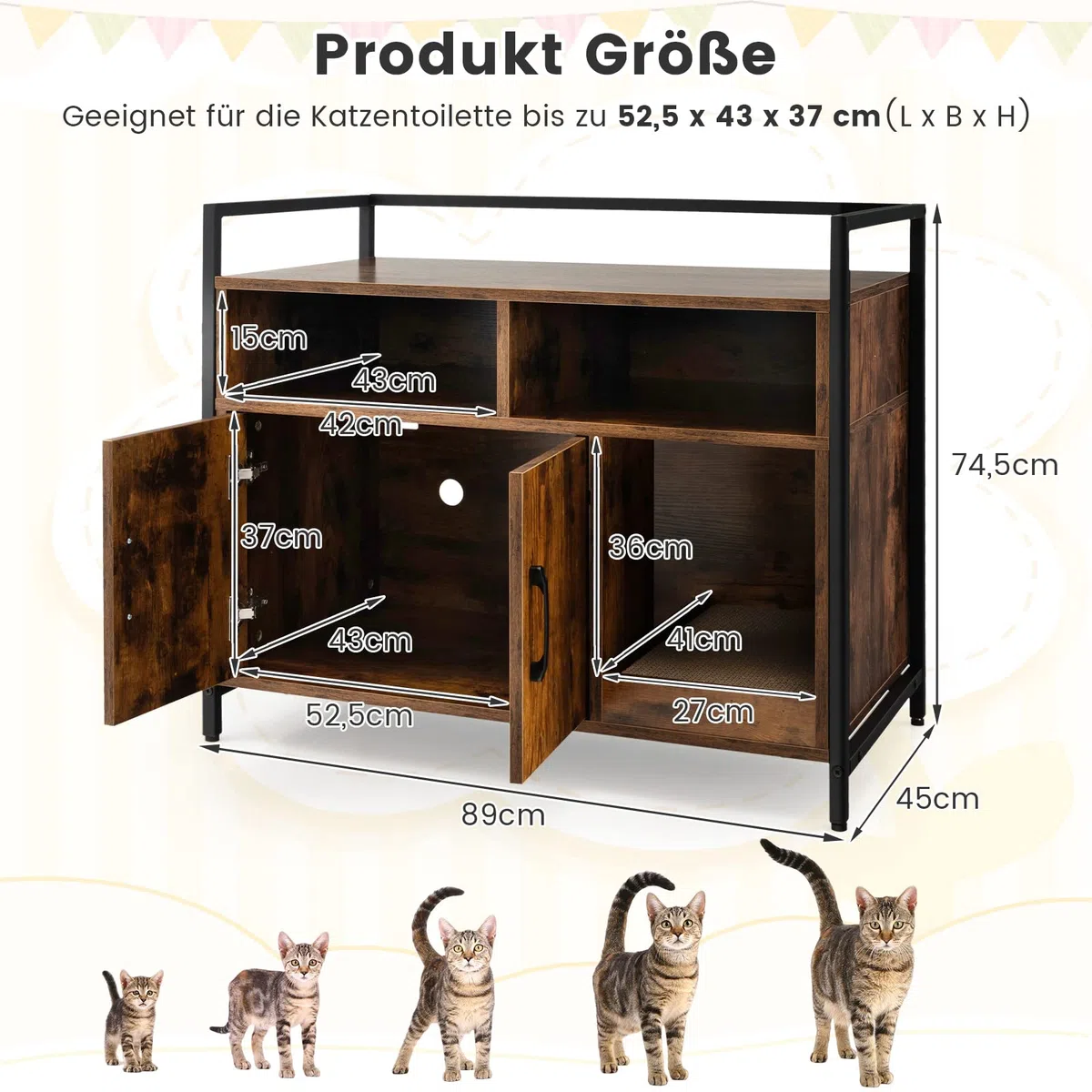 COSTWAY Katzenschrank Katzentoilette mit Doppeltüren & Kratzunterlage, Katzenhaus mit offenem Regal & 2 Fächern, Katzenhöhle Katzenklo Schrank, für Katzen Hunde Haustier (Braun)