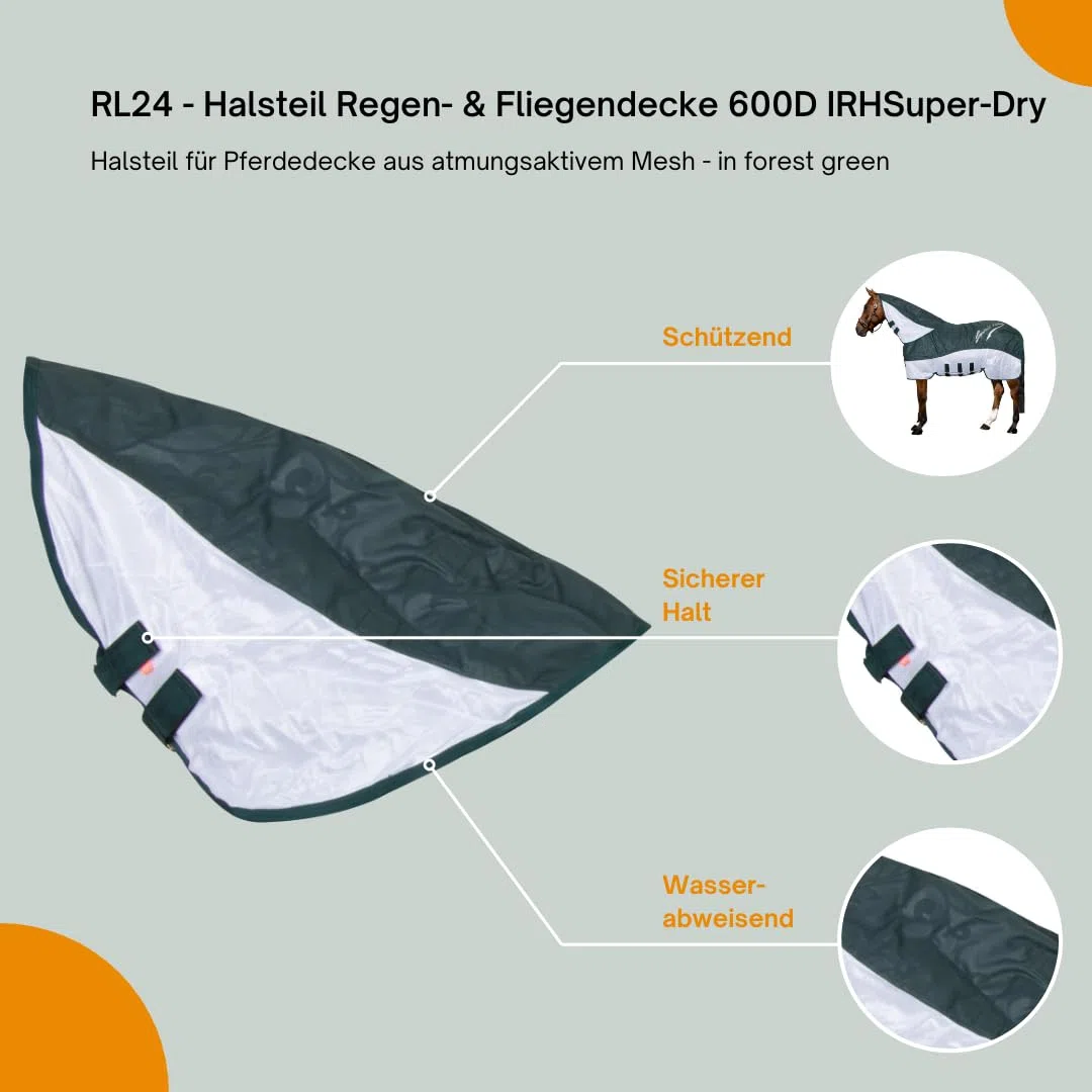 RL24 - Halsteil Regen- & Fliegendecke 600D IRHSuper-Dry – Halsteil für Pferdedecke aus atmungsaktivem Mesh – Schutz vor Insekten – doppelter Klettverschluss – in Forest Green – Größe M