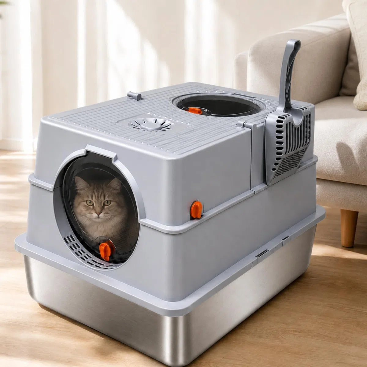 Haubentoilette mit Edelstahlschale geräumig Katzentoilette mit Edelstahlschale hygienisch Katzentoilette Haube für Katzenbesitzer, Haushalt, Graphitschwarz, XXXL-mit Streumatte