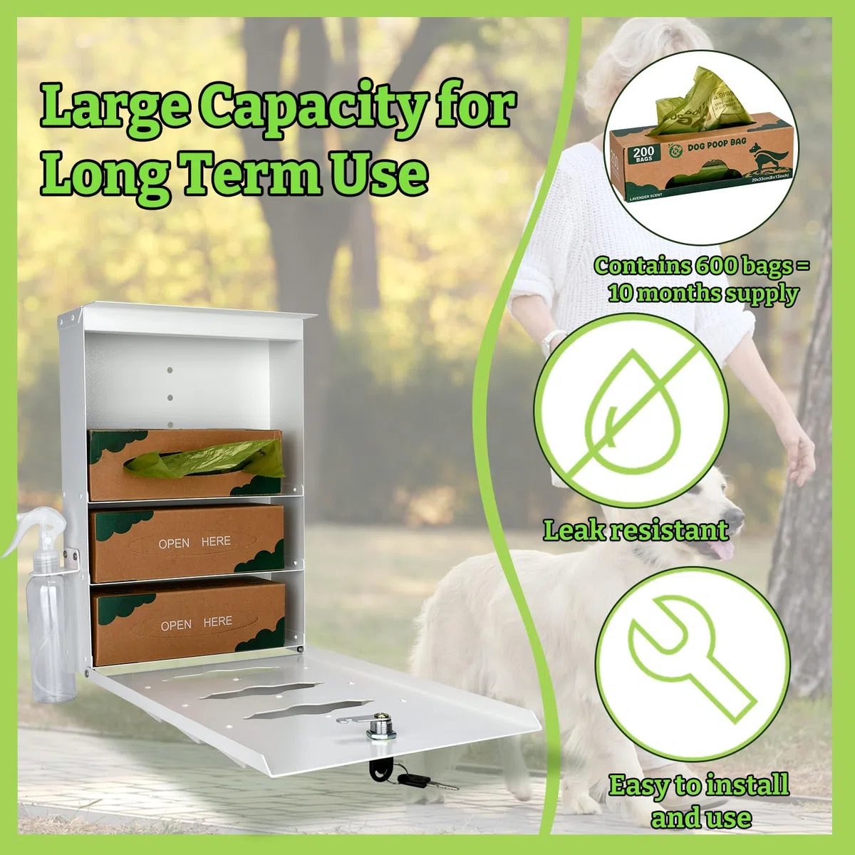 Hundekotbeutelspender aus Metall, Wandhalterung – 600 Rollbeutel im Lieferumfang enthalten | Pet Waste Station Pet Waste Bag Dispenser with Pick Up After Your Dog Schild (leuchtet im Dunkeln)