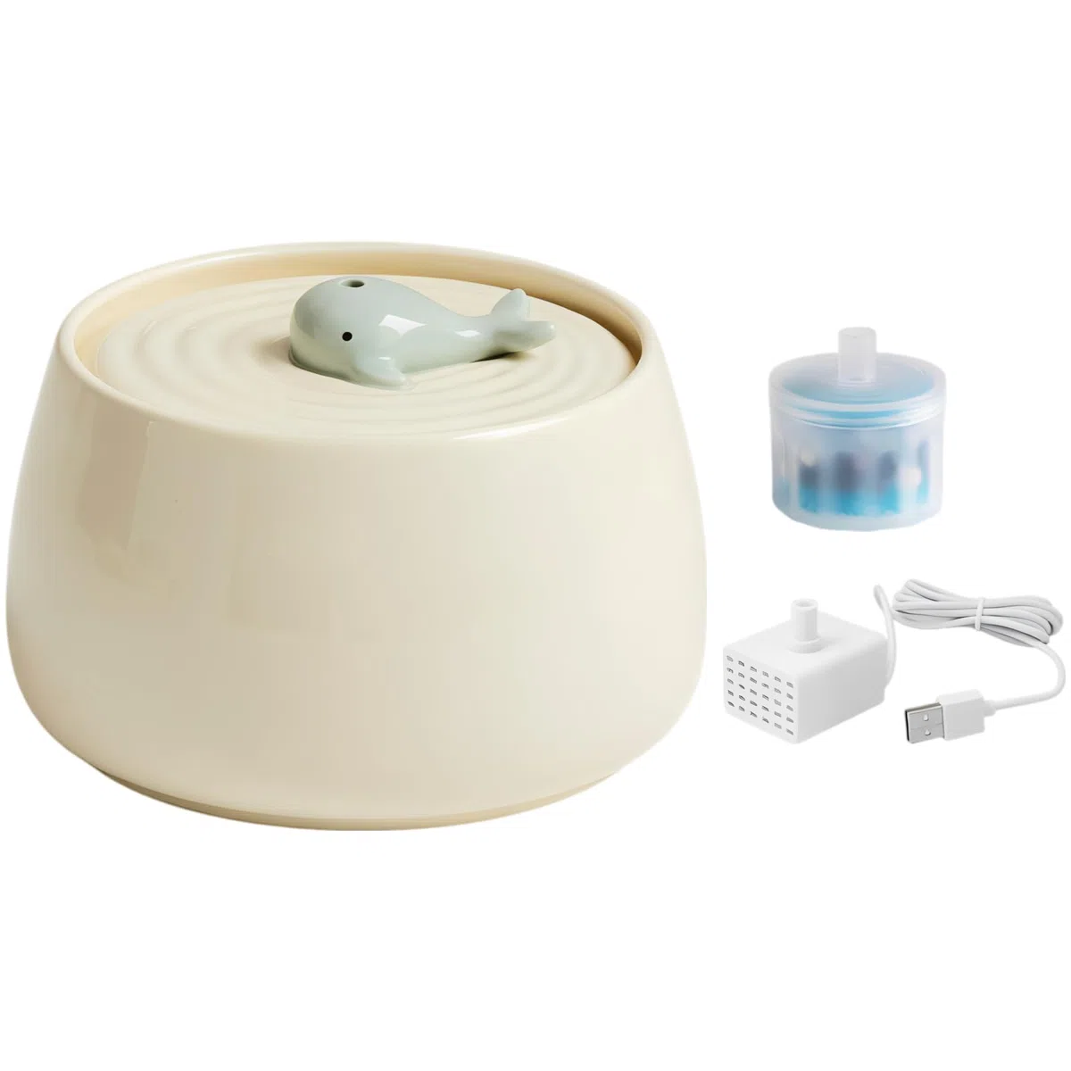 Katzen-Wasserbrunnen im milchweißen Wal-Design, 44 FL oz / 1,3 l Keramik-Trinkspender für Haustiere, Filterkreislauf mit leiser Pumpe, USB-betrieben, Wasserschale für Katzen und kleine Hunde