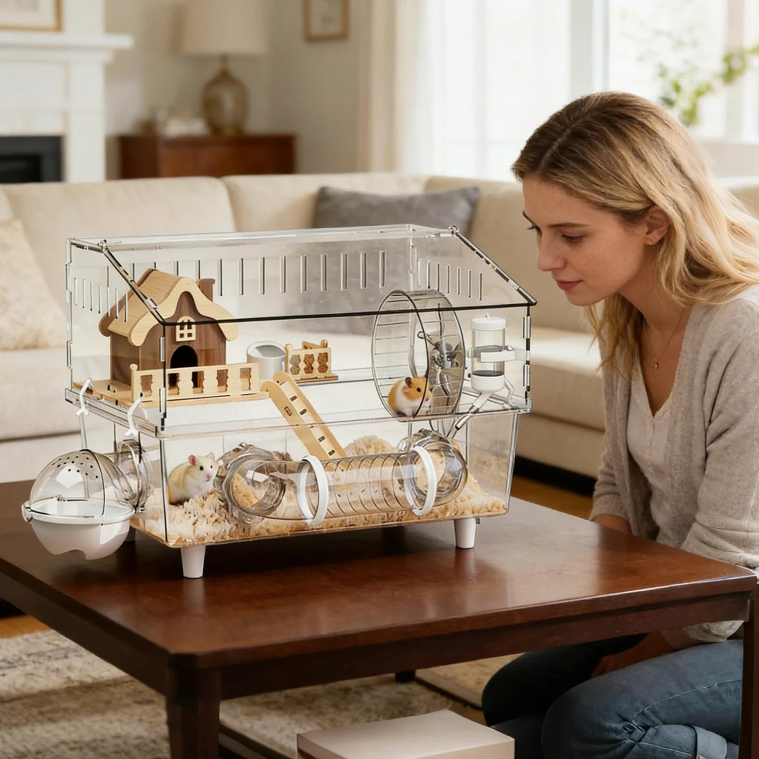 Großer Hamsterkäfig, Gehege, transparent, Acryl, 2 Etagen | Hamstergehege für Tierhandel, Beobachtung im Innenbereich, Spiele im Freien und zu Hause