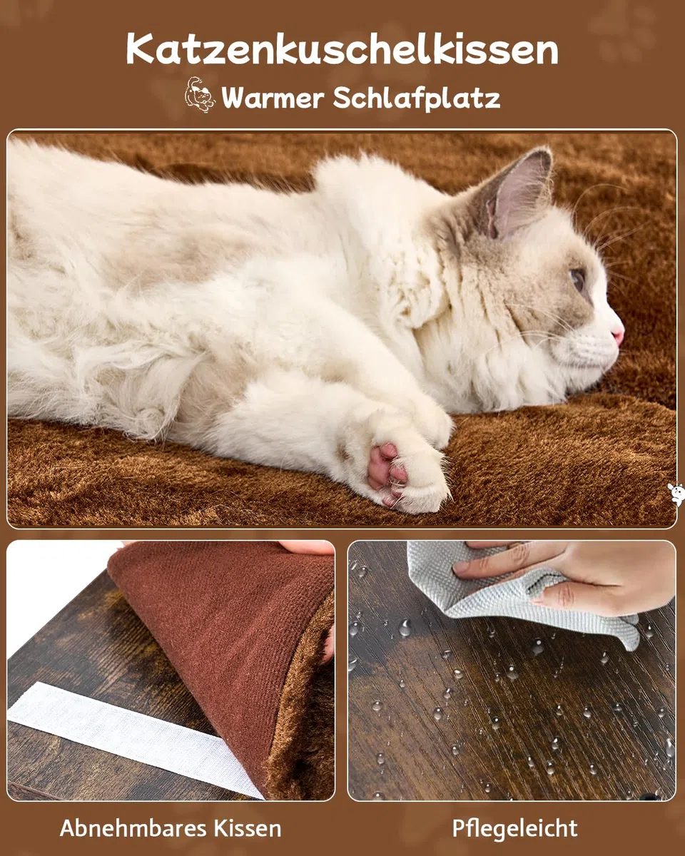 FourFurPets 188 cm Kratzbaum für große Katzen, stabiler Katzenbaum aus Holz mit Sisalstämmen, Katzenkratzbaum mit 4 Liegeplätzen, Massage-Bürste & Korb für große Katzen, hoher Kratzbaum (Rustic Brown)