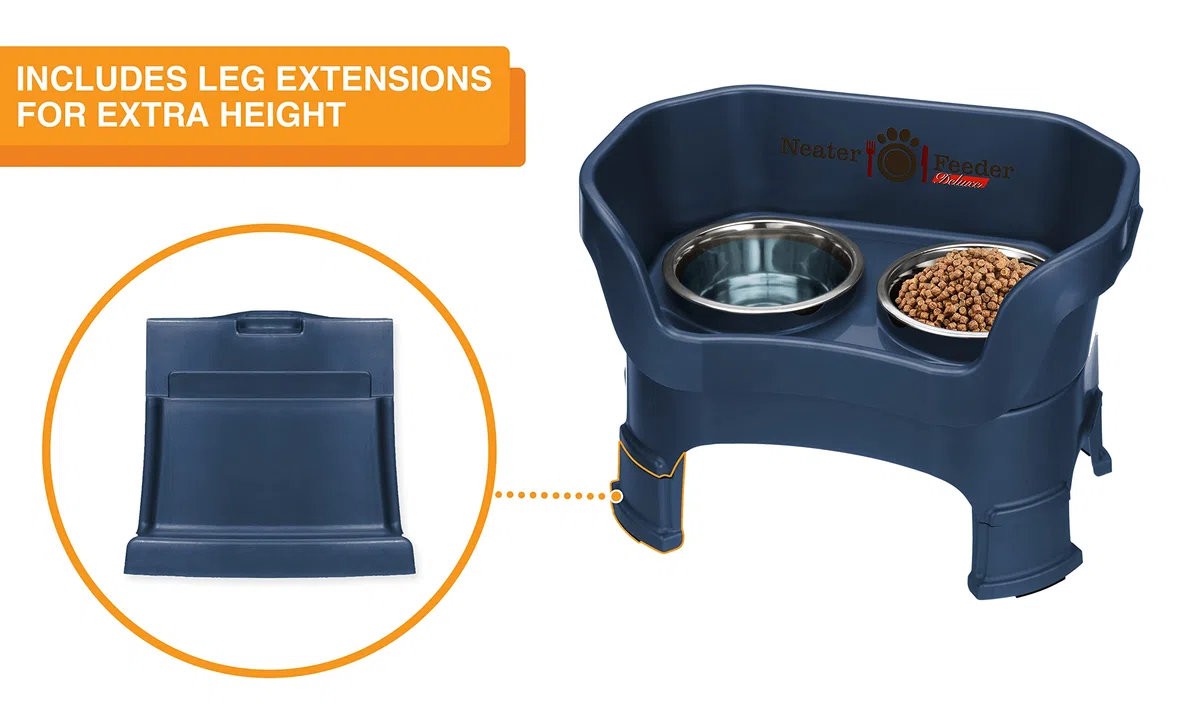 Neater Feeder Deluxe-Hundenäpfe für mittelgroße Hunde (8,6–18,1 kg), 2 höhenverstellbare (25,4 cm & 31,8 cm), kein Verschütten, erhöhter Futternapf, Edelstahl, hergestellt in den USA, Dunkelblau