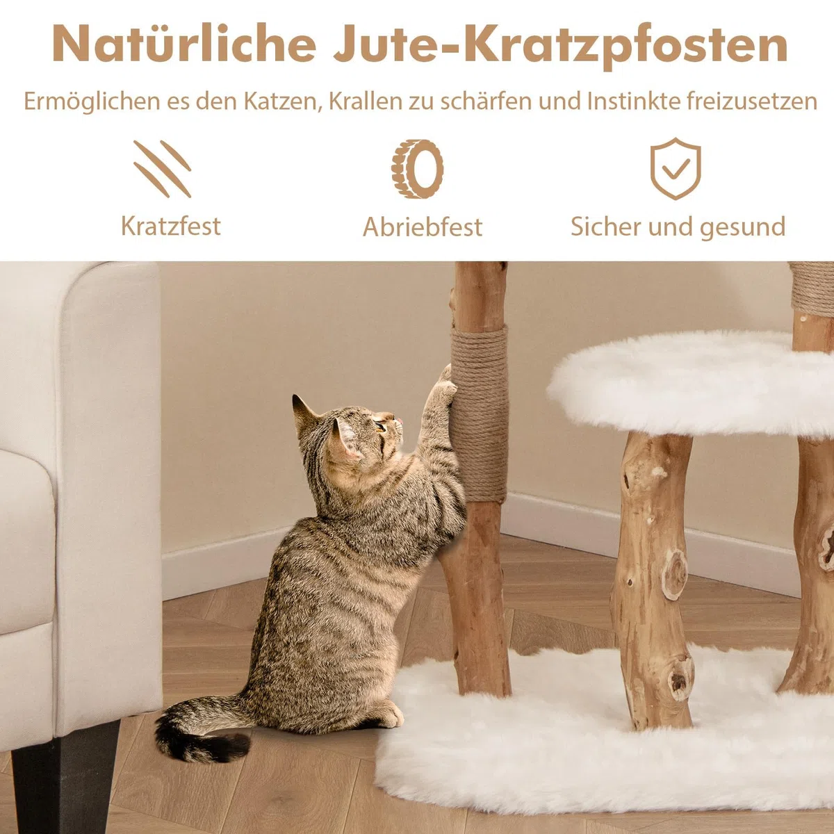FANTASK Katzenturm Holz, Katzenmöbel mit Spielball & Plüschsitzfläche & 2 Plattformen, Katzenbaum mit Kratzpfosten, Kratzbaum Massivholz aus Jute, Katzen Katzenkratzbaum Kletterbaum, 110 cm (Weiß)