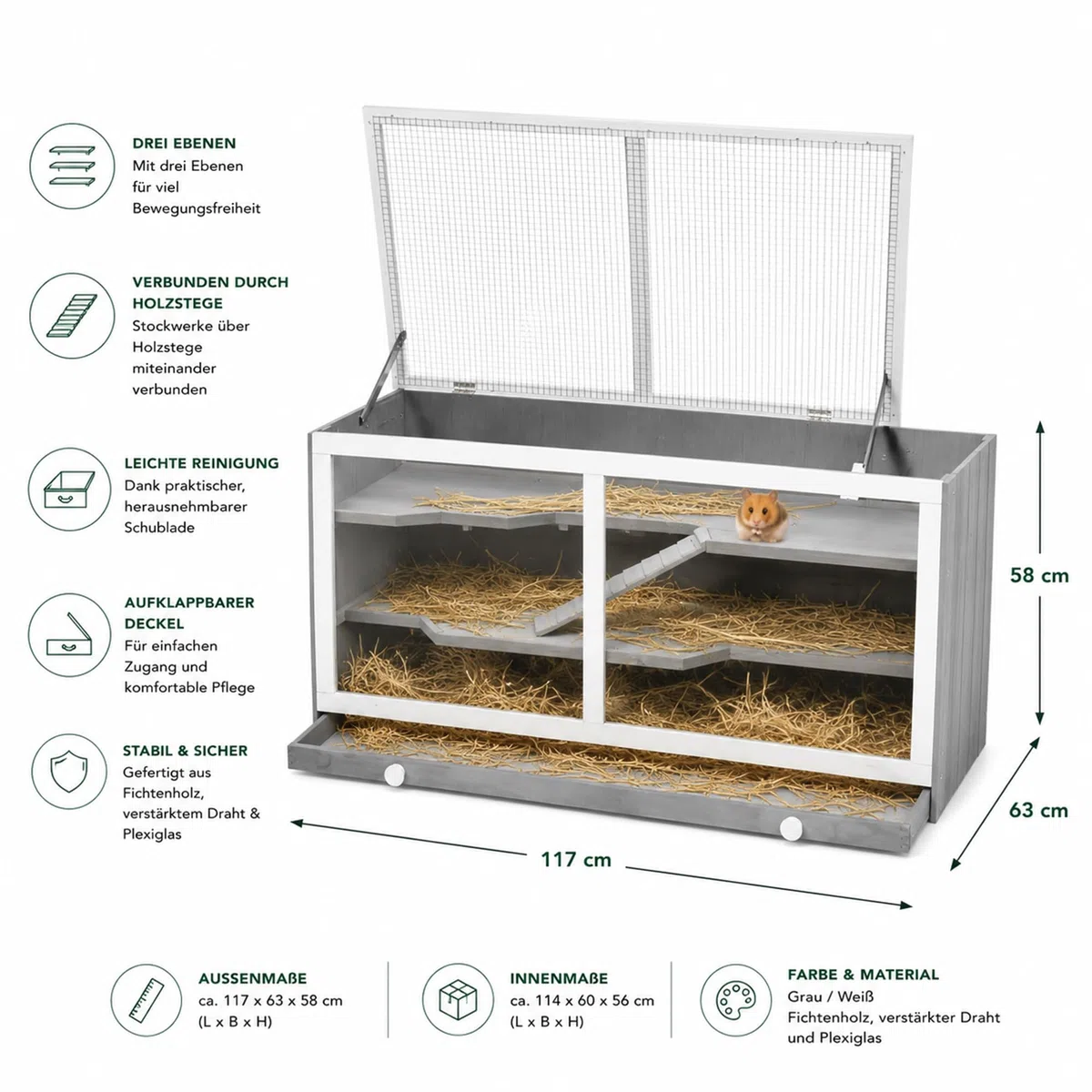 Mucola Kleintierkäfig aus Holz mit Plexiglasfront – 3 Etagen Nagerkäfig für Kaninchen, Meerschweinchen, Hamster – mit Häuschen, herausziehbarer Schublade, großer Kleintierstall Indoor