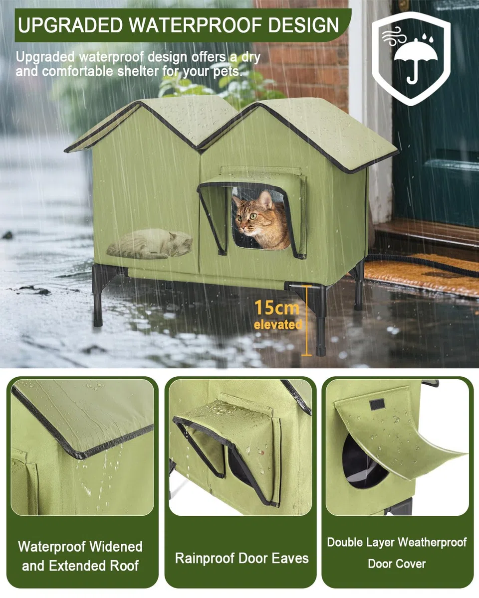 Großes Beheiztes Katzenhaus Outdoor Winterfest Isoliert, weich und warm Katzenhöhle für draußen mit Fluchttüren und Heizungspolster, robuster Katzenhütte Outdoor für mehrere Katzen und Hunde (Grün)