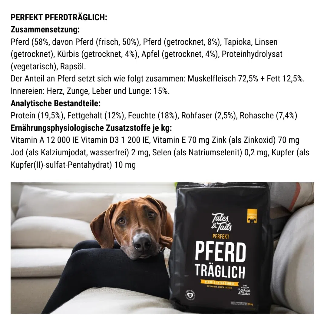 Tales & Tails Halbfeuchtes Trockenfutter für Hunde | Getreidefrei | Eine Tierische Proteinquelle | Hohe Akzeptanz & Verträglichkeit (1.5 kg (1er Pack), Pferd)