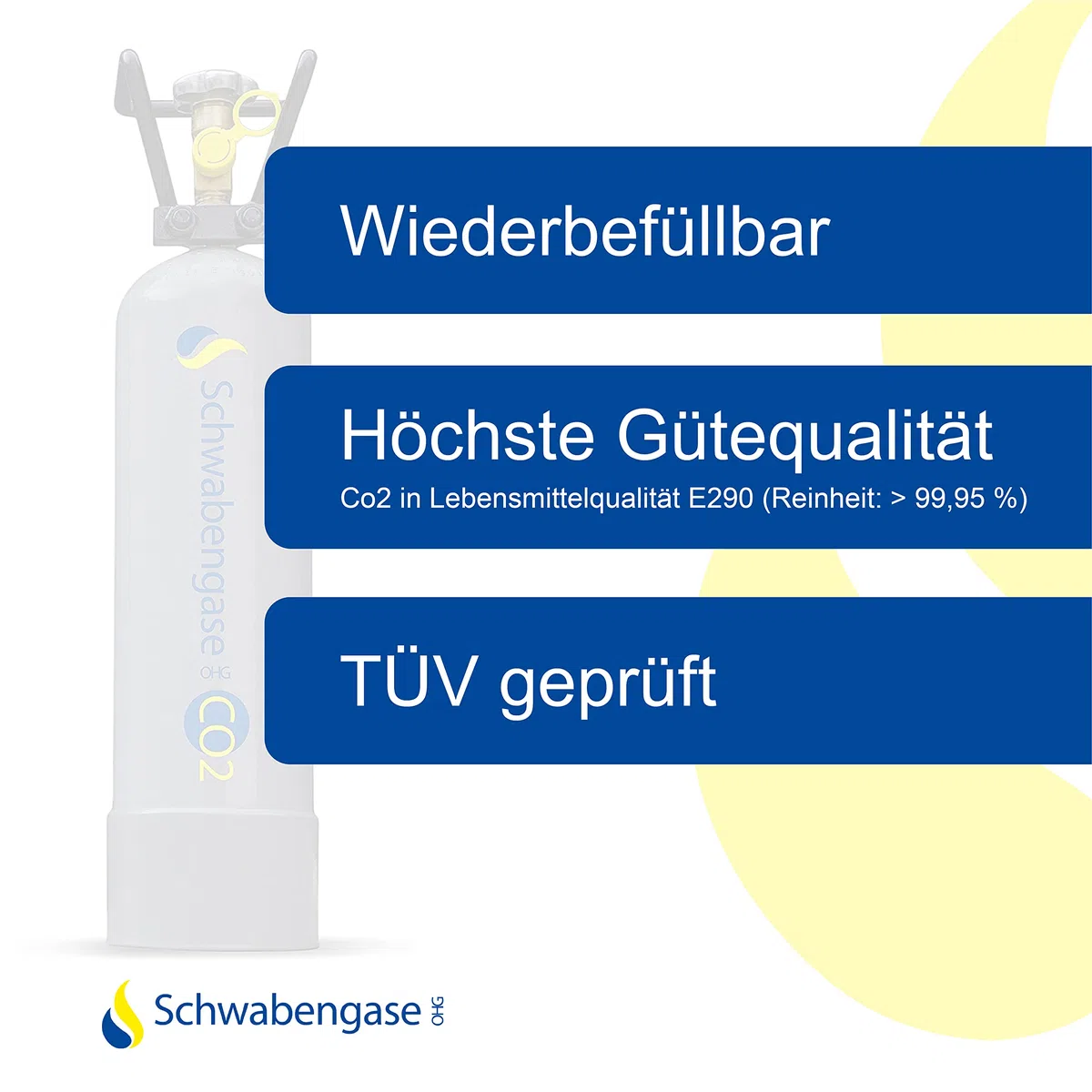 Schwabengase Co2 Flasche 2kg - Vorrats Kohlensäure Zylinder - Eigentumsflasche mit Rohrtragegriff, Neu befüllt, Kohlensäureflasche für Aquarien und Zapfanlagen, TÜV bis 2033