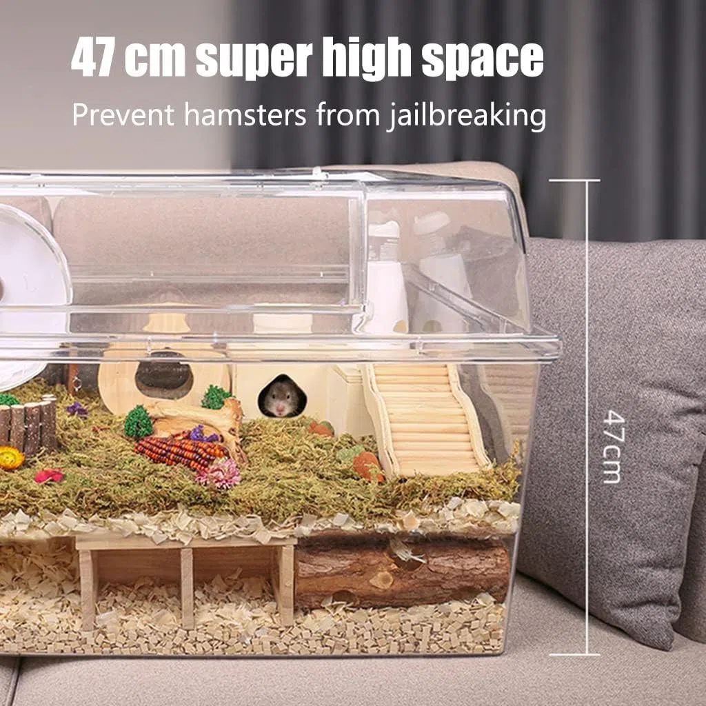 Großes Hamsterhaus mit Vorder- und Obertür, vollständig transparenter Acryl-Mauskäfig, atmungsaktives Lebensraumhaus für kleine Tiere (Größe: 70 cm)