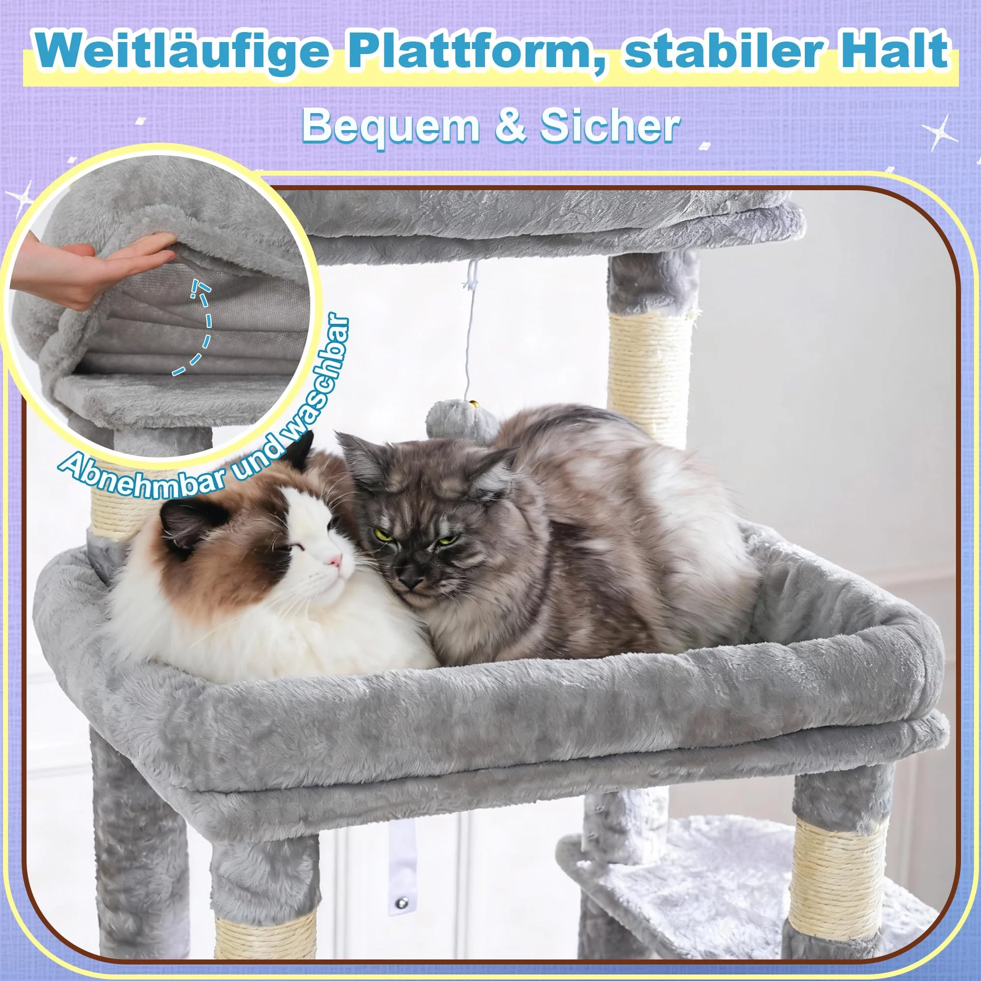 Hey-brother 182 cm Stabil Kratzbaum, für ausgewachsene großeKatze, MPJ080W | mehrstöckiger Katzenbaum mit 2 Grosse liegefläche, 3 Hängematten, Höhle, 2-in-1-Sisalkratzbrett, Plüschbällen, Hellgrau