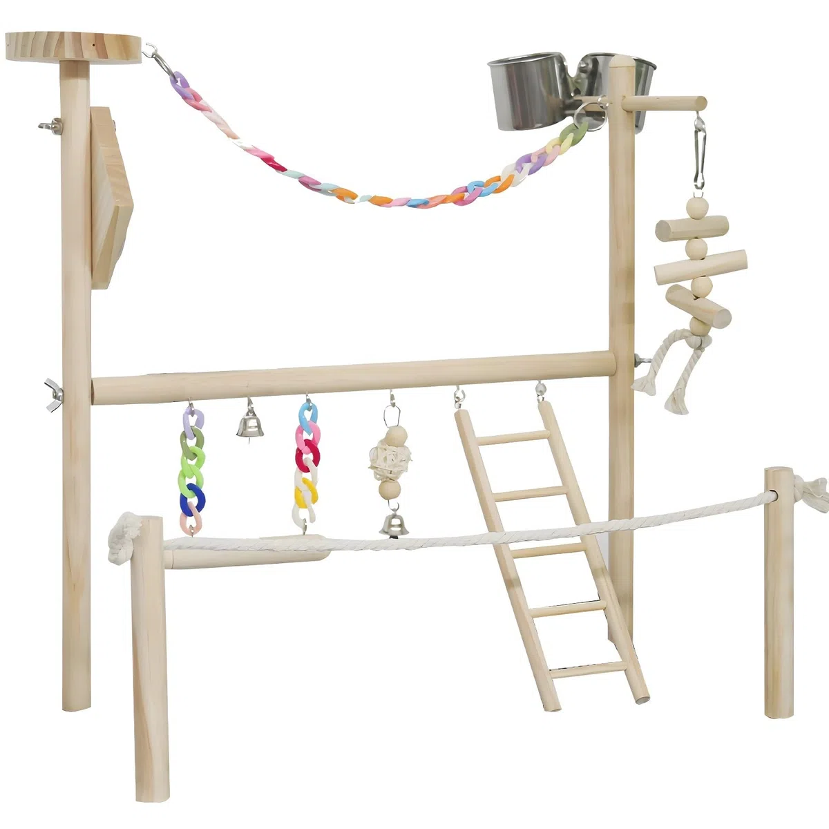 Vogel-Aktivitätszentrum mit Holzsitzstange, Leiter, Glocken und Schaukel, großer Papageienspielplatz mit Futterbechern, interaktive Trainingsstation für Ara und Kakadu