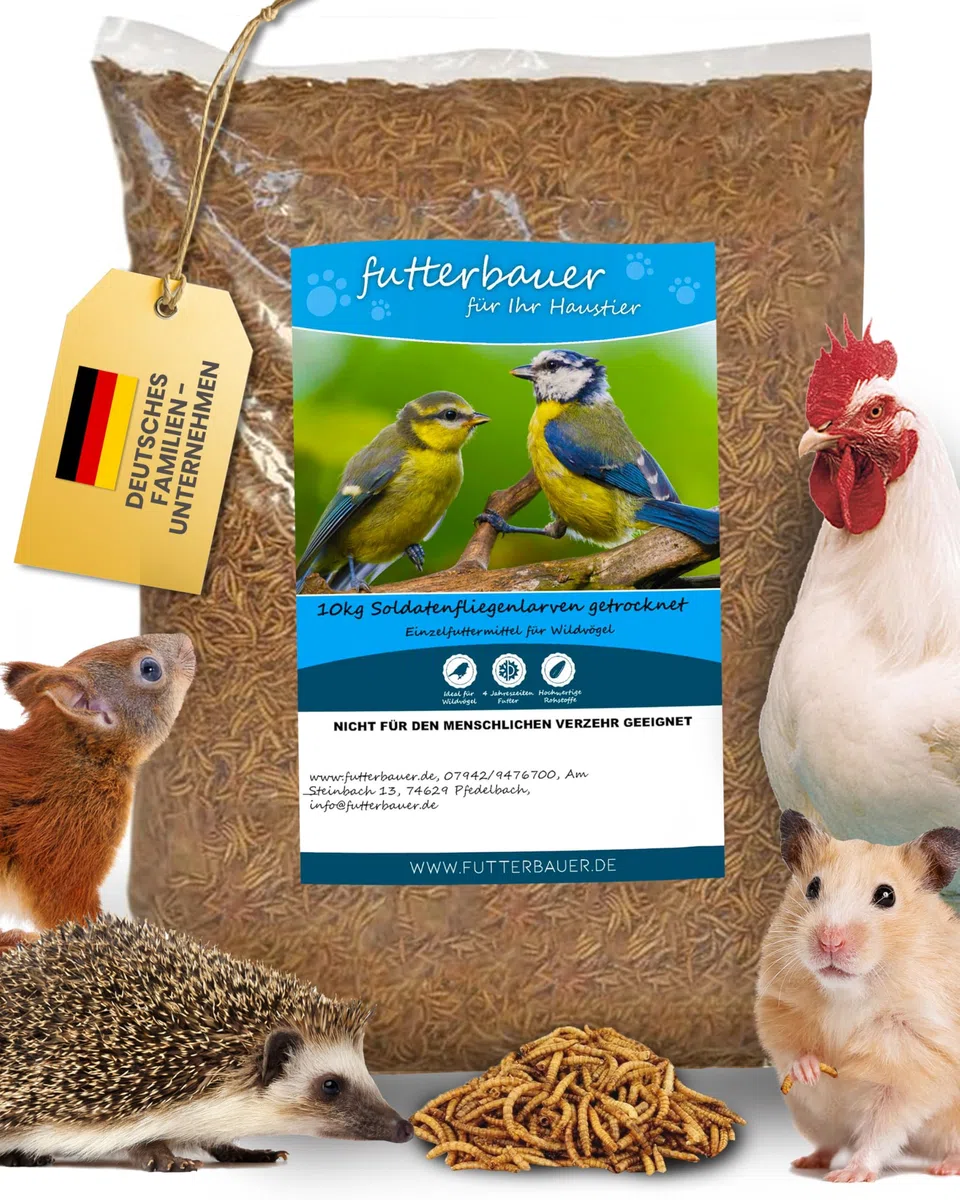 Futterbauer 10kg Soldatenfliegenlarven getrocknet, Premium Vogelfutter, Fischfutter, Futter für Reptilien und Nager, Proteinreiches Naturfutter wie Mehlwürmer