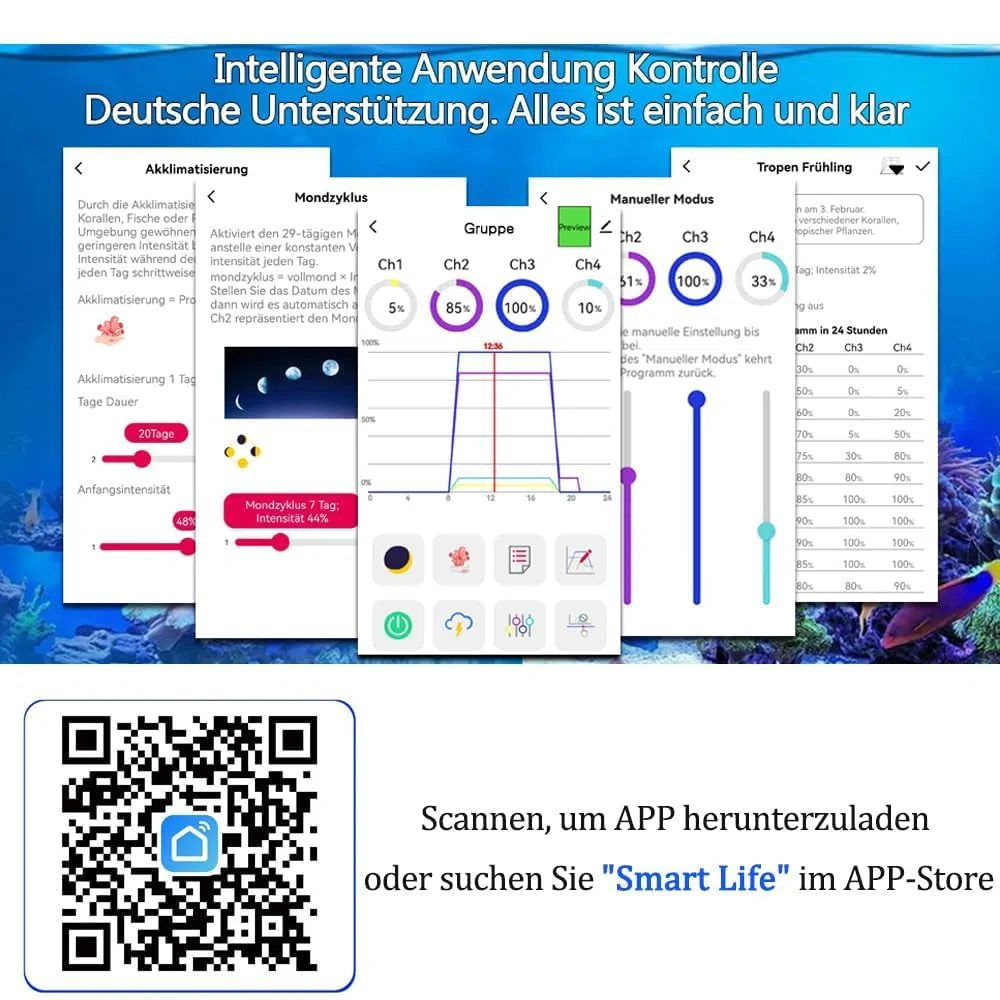 PopBloom RL90 WiFi Led Aquarium Beleuchtung 100W, Meerwasser Aquarium Led volles Spectrum Aquarium Lampe für Reef Coral SPS/LPS Fischaquarium,APP unterstützt Deutsch (1 Lampe mit Aufhängung)