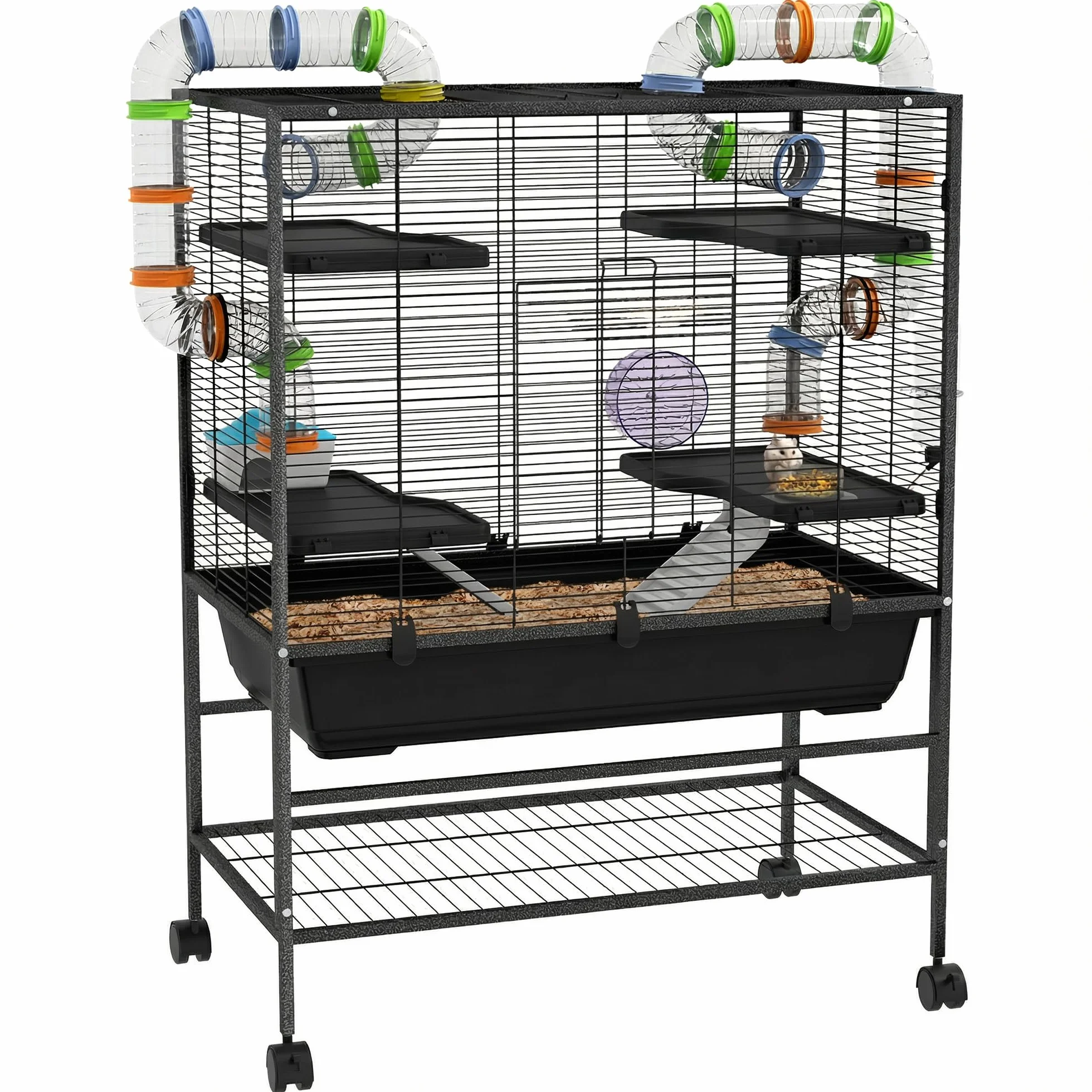 PawHut Hamsterkäfig Nagerkäfig mit Rädern, Röhren, Ablagefläche, Zubehör Kleintierkäfig Meerschweinchen Käfig Mäusekäfig für Rennmäuse, syrische Hamster, Schwarz