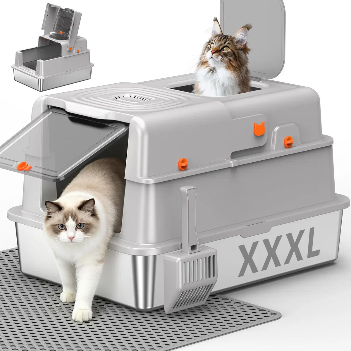 Edelstahl Katzentoilette mit Deckel, XXXL Katzenklo für große Katzen, geschlossene Katzenstreu Box mit Geruchsfilter & Doppeltür, leicht zu reinigen, antihaftbeschichtet, langlebig, Hellgrau