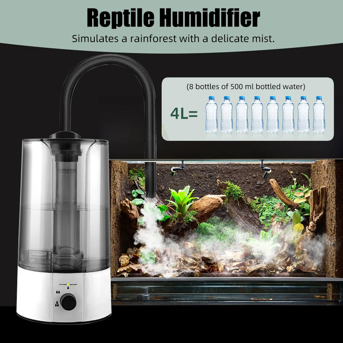 Reptilien Luftbefeuchter mit 4L Wassertank, Nebelgerät mit Ausziehbarem Rohr und Trockenlaufschutz, Ultraleiser Luftbefeuchter für Reptilien, Amphibien und Feuchtigkeitspflanzen