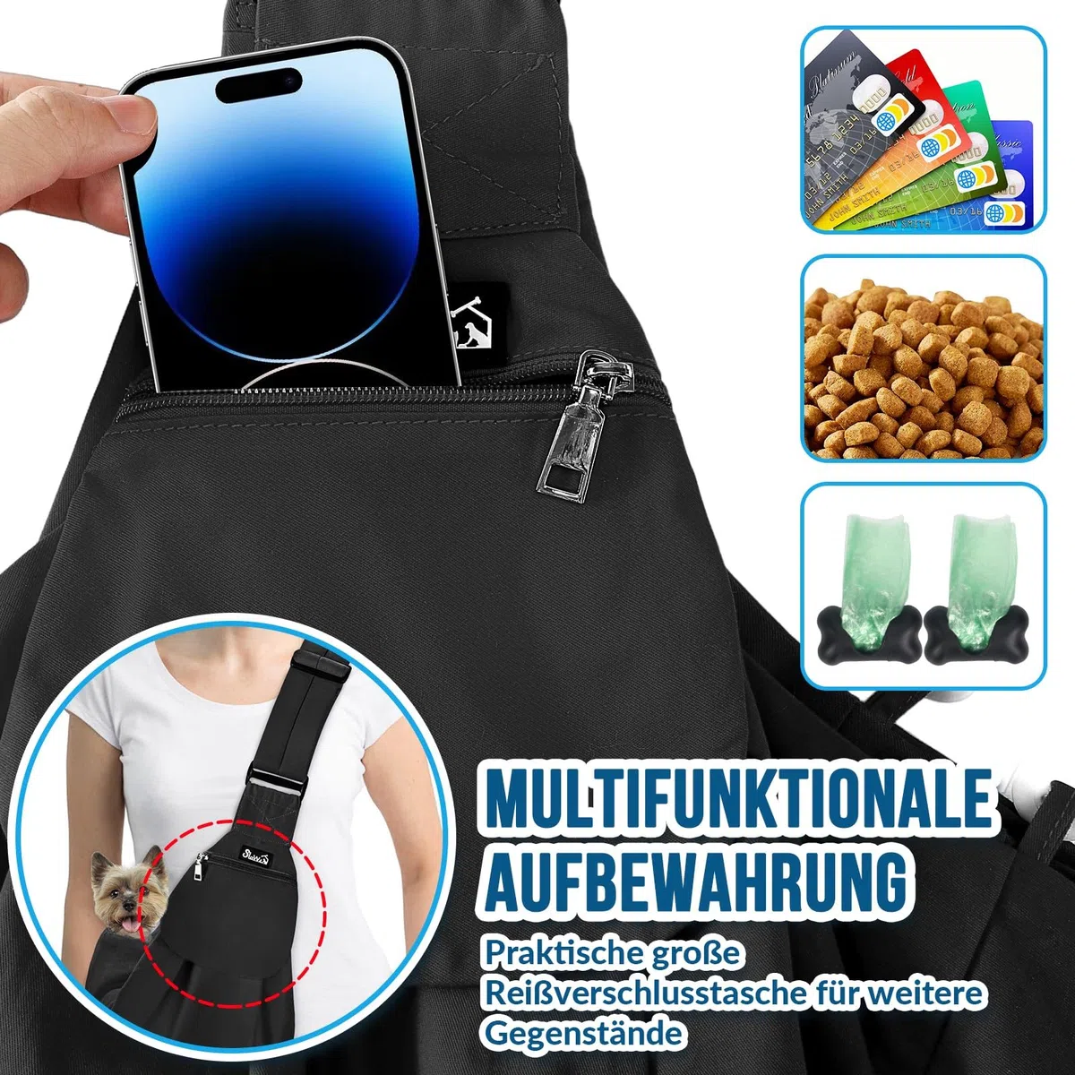 SlowTon Hundetragetasche, Haustier Hundetasche mit verstellbarem, gepolstertem Schultergurt und Fronttasche Tragetasche Hund für Spaziergang (Schwarz-Wasserdicht, L(Für Haustiere 4,5-7,2 kg))