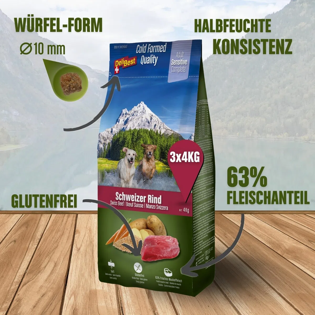 DeliBest Adult Sensitive Complete Dog Rind I Halbfeuchtes Futter für Hunde Adult I 100% Schweizer Rindfleisch I getreidefrei & ohne andere Zusätze I Hundefutter kaltgepresst I 3x4 kg Vorratspack