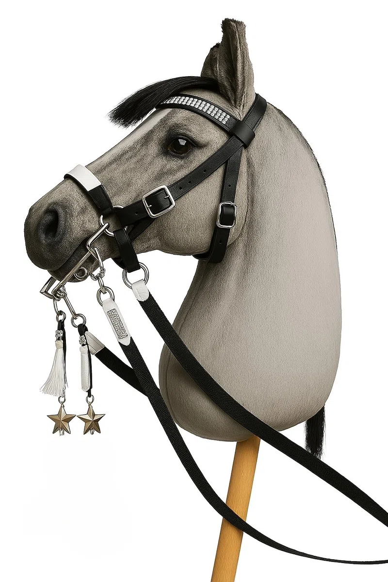 Hobby Horse Trense Kandare schwarz weiß unterlegt Zubehör für Steckenpferd Spielpferd