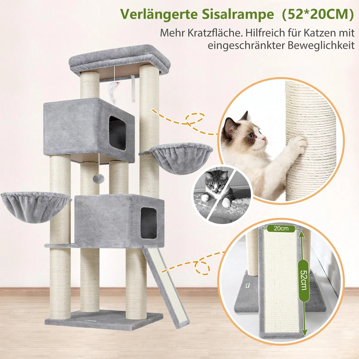 Globlazer Kratzbaum Dicke Stämme 11CM für Große Katzen mit 2 Extragroß Katzenhaus 50*35*30cm, Ausreichend Kratzflächen, Plattform Liegebereich, 170CM Kratzbaum Grosse Katzen Stabil (S67, Hellgrau)