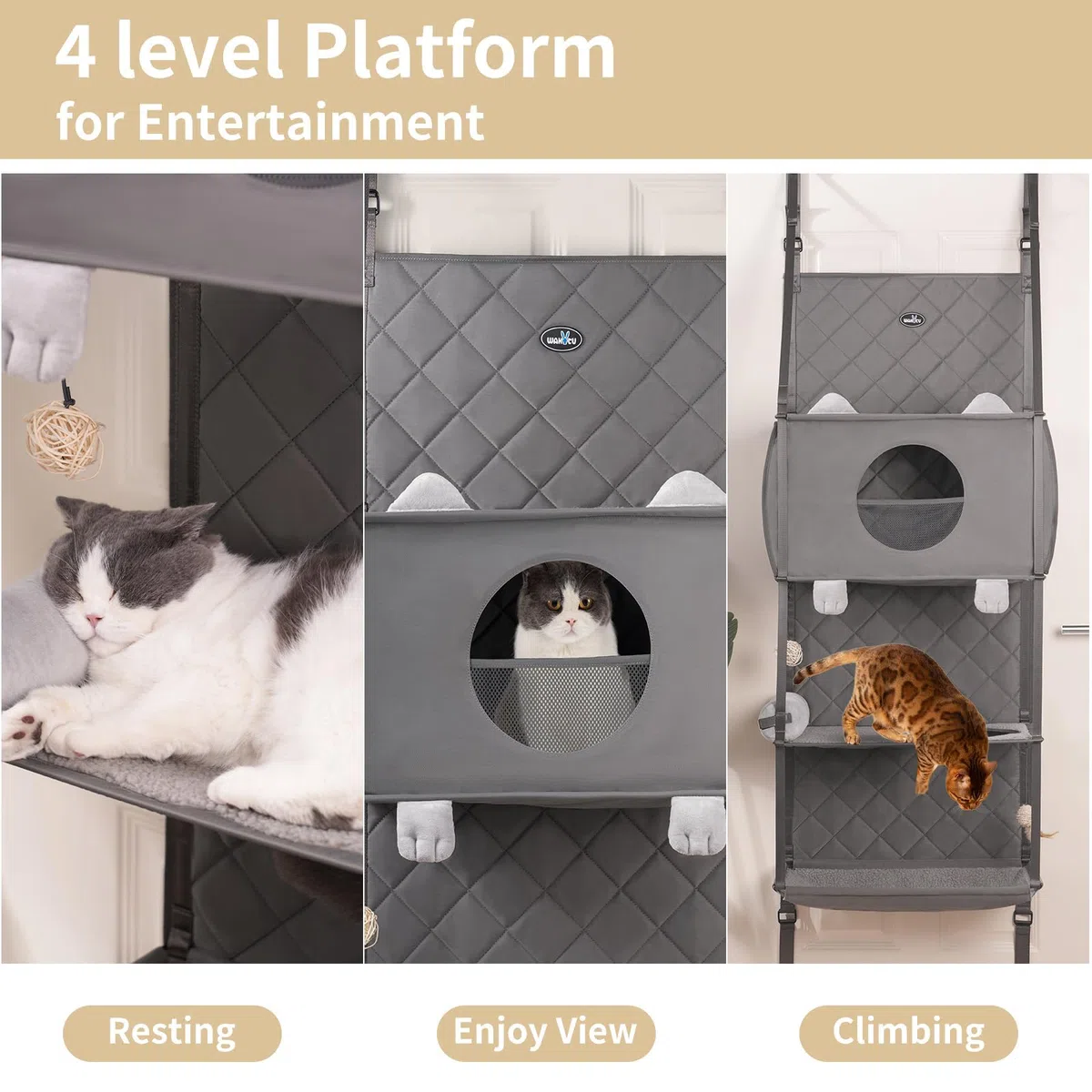 Wakytu Hängender Kratzbaum - Tür montiert Climber Katze Wand Katze Hängematte für Indoor, Hanging/erhöhte Bett - 4 Geschichte mit abnehmbaren Kissen, Ball Spielzeug und Rollolo Katzenmöbel